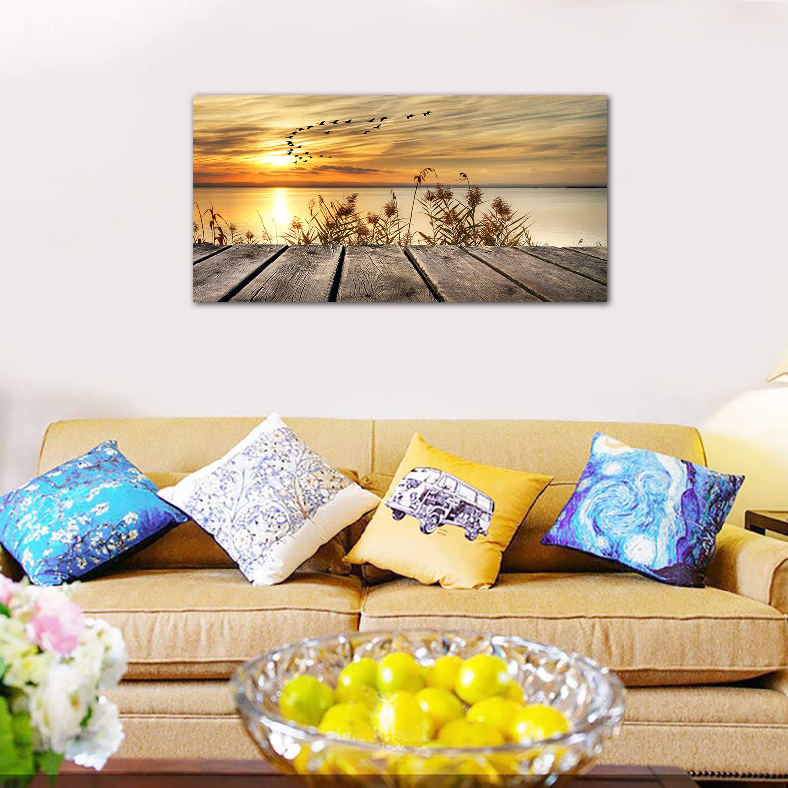 Amazon.com: yearainnｮ Canvas Wall Art Sunset Lake Dock Fall Nature