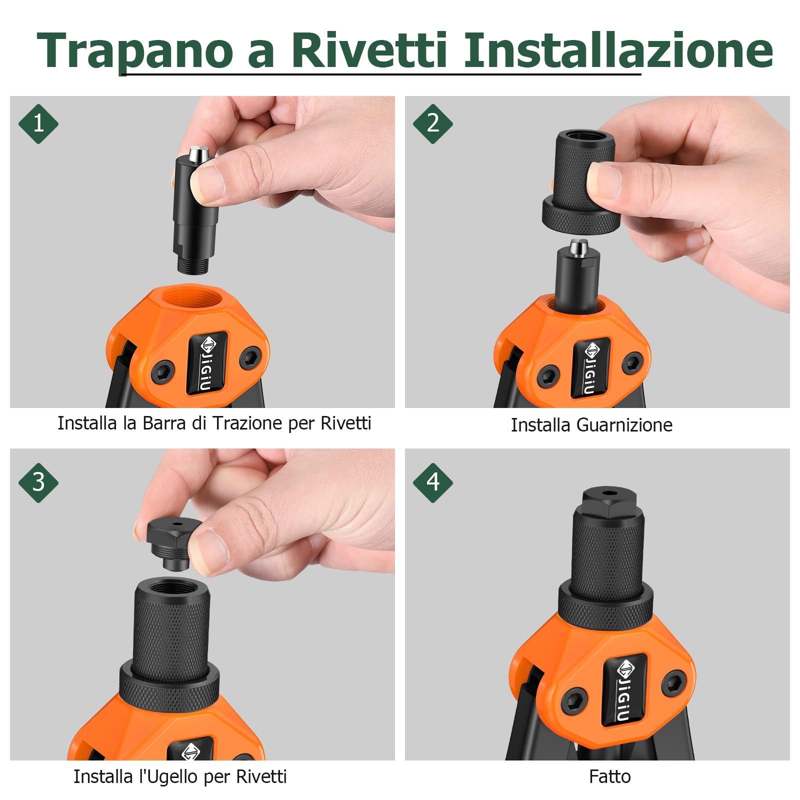 JiGiU Rivettatrice Professionale 2 in 1 per Inserti Filettati-7pz Mandrini Metrici 110 Dadi 5 Diverse Misure Doppio Manico di Rivettatrici-50 pz Rivetti per Lavori Edili-Nero Arancione
