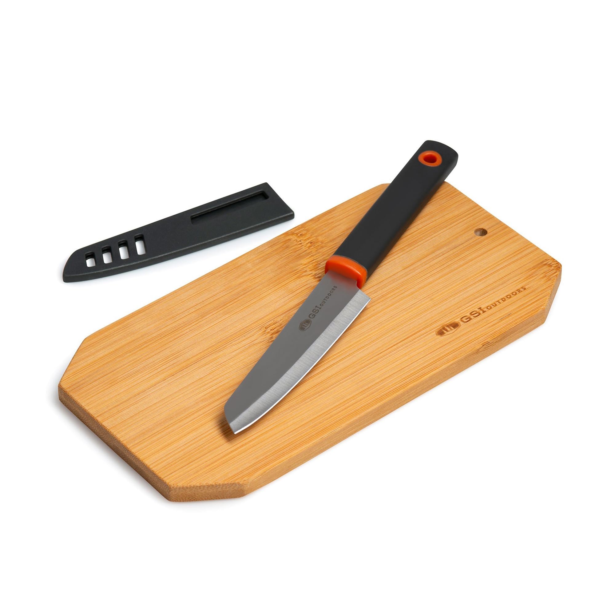 GSI Outdoors Santoku Prep Set 46001 – kompaktowy nóż 10 cm z bambusową deską do krojenia, pochwą i torbą do przechowywania