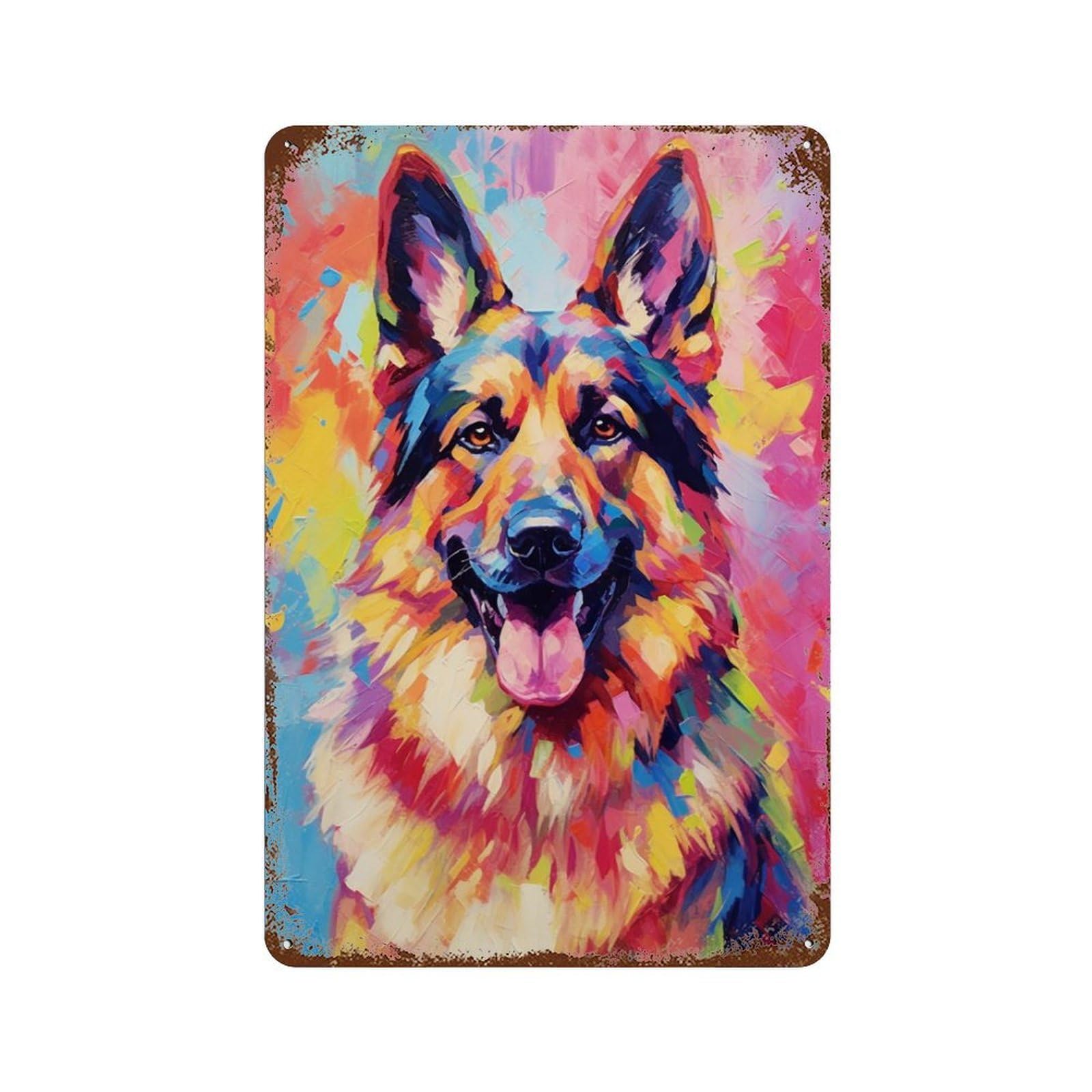 Colorful German Shepherd Painting-3 11.8"x7.9" Distressed Metal Wall Sign, Retro Wall Decor for Garage, Bar And Workshop Decor