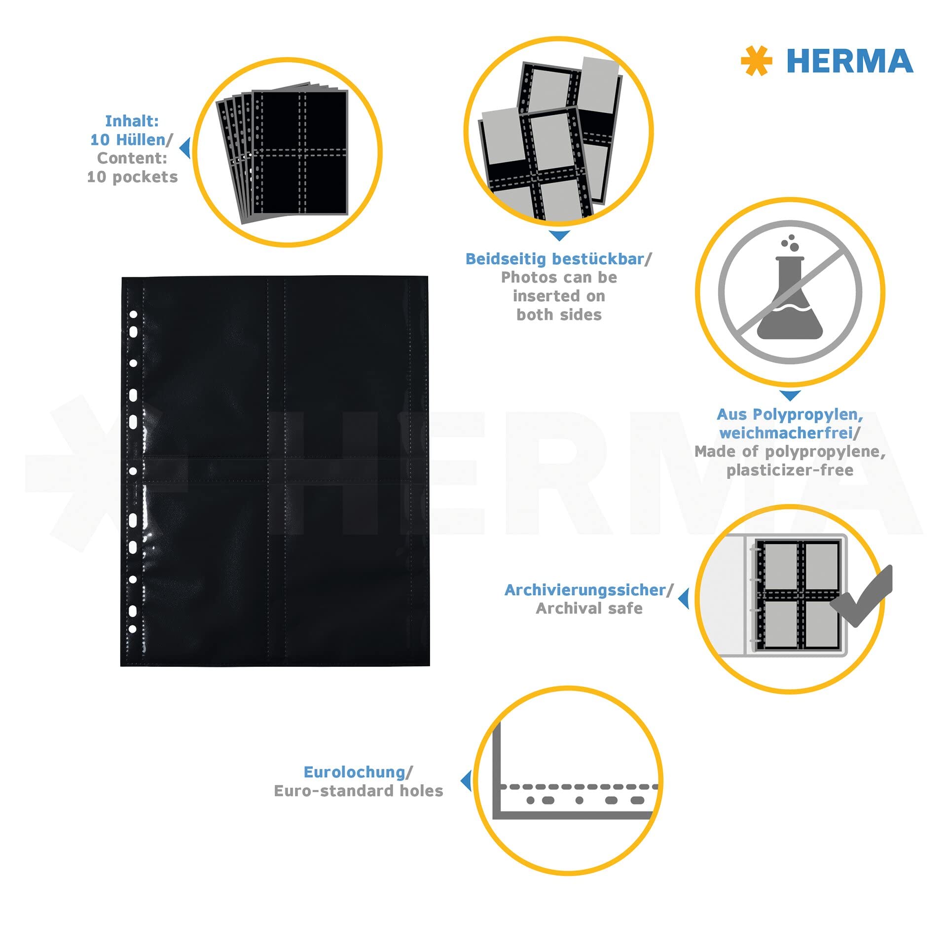 HERMA 7709 Fotohüllen für Ordner, 250 Stück, 9x13 cm, 4 Fächer geteilt, beidseitig bestückbare Fotophan Fotosichthüllen Sammelhüllen Postkartenhüllen Prospekthüllen mit Eurolochung, schwarz