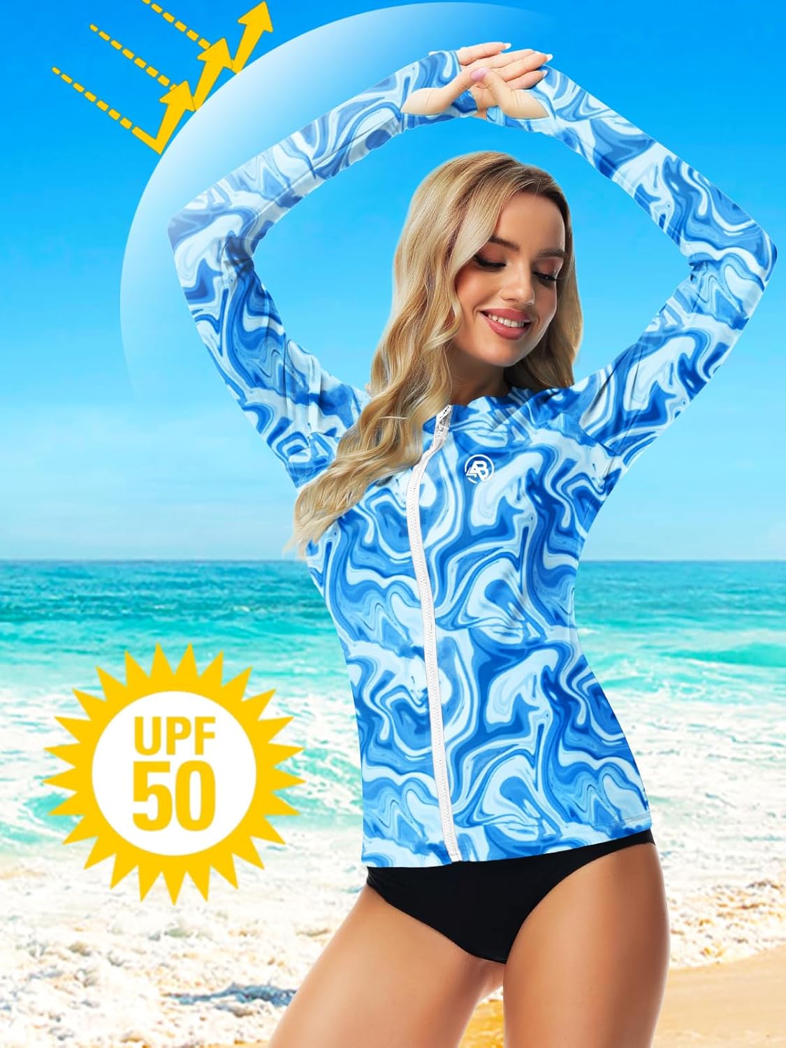 AOBUTE Women Zipper Rash Guard SPF 50+ Swim Shirt Zip Up Surfing Swimwear Top with Thumb Hole - Image 3