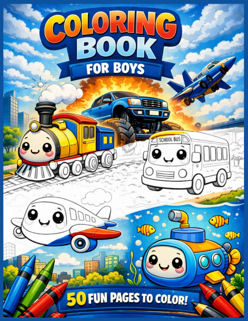 Cute Vehicles Coloring Book for Boys: 50 Fun and Easy Pages to Color – Cars, Trucks, Trains & More!