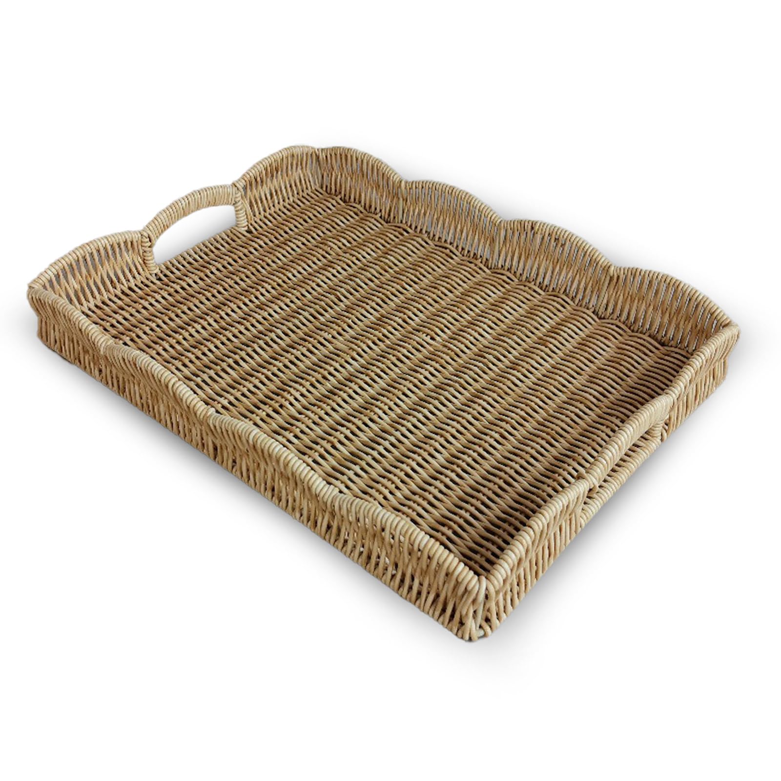 Serving Tray with Scalloped Edge, Rectangular Wicker Tray with Handles, Ideal for Breakfast or Meals in Bed and on Sofa, Decorative Coffee Table Tray to Enhance Dining (Beige)