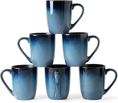 MONITO 14oz Ceramic Coffee Mugs Set of 6, Ice-Snow Blue Mugs with Handle