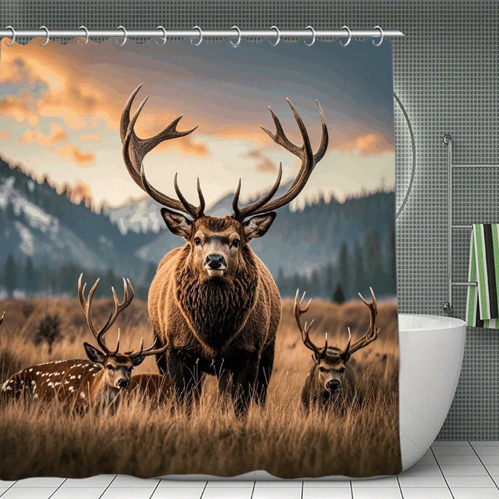 QMNLKH Wildlife Hunting Deer Bear Elk Shower Curtain with Hooks, Waterproof Bath Curtains for Bathroom, Lightweight Bath Curtains Liner for Hotel, Personalized Bath Curtain for Spa, 70.8 Inch