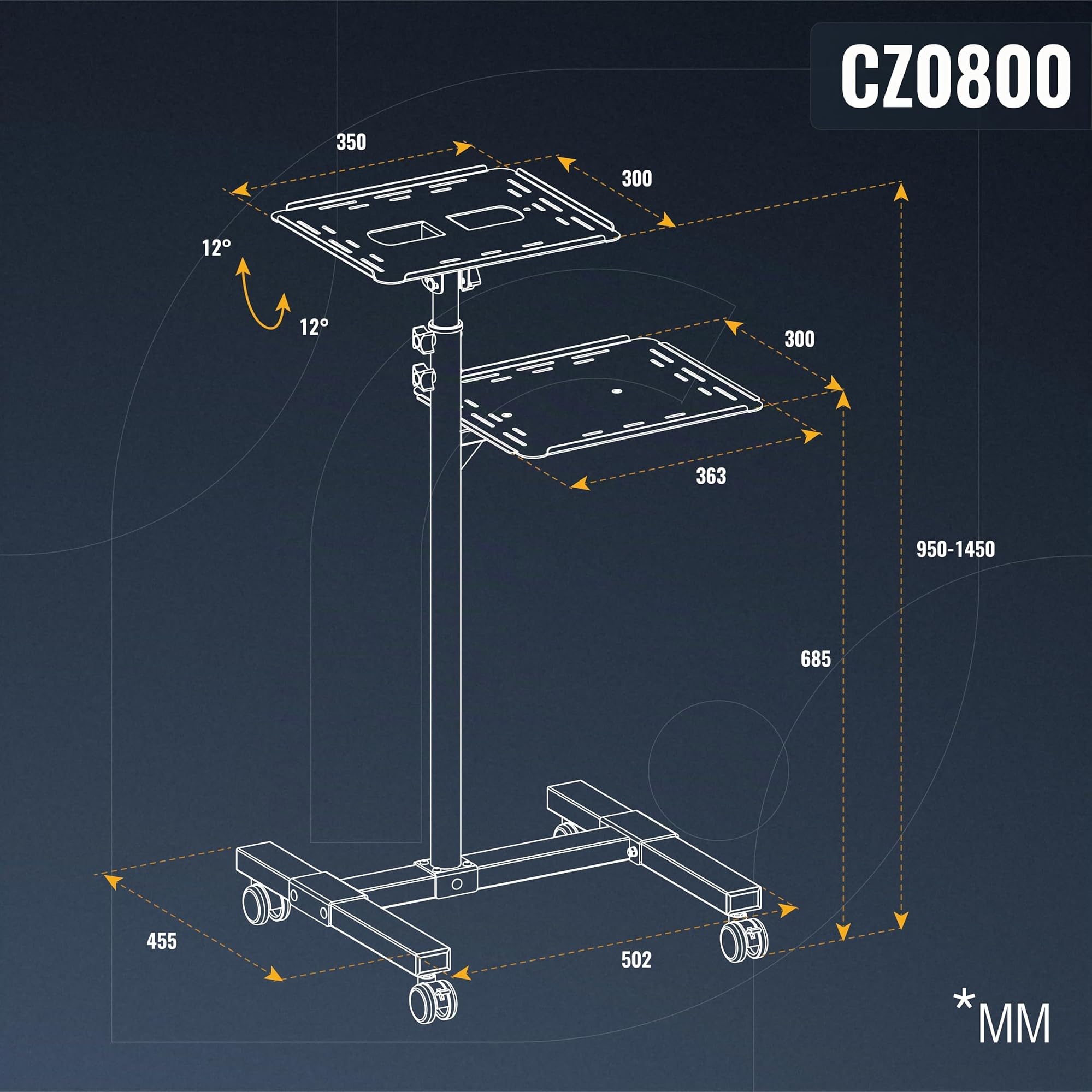 RICOO Soporte proyector Suelo Altura Regulable Elevador Ordenador portátil Universal CZ0800 Ruedas Bandeja Notebook Mesa para Laptop Negro