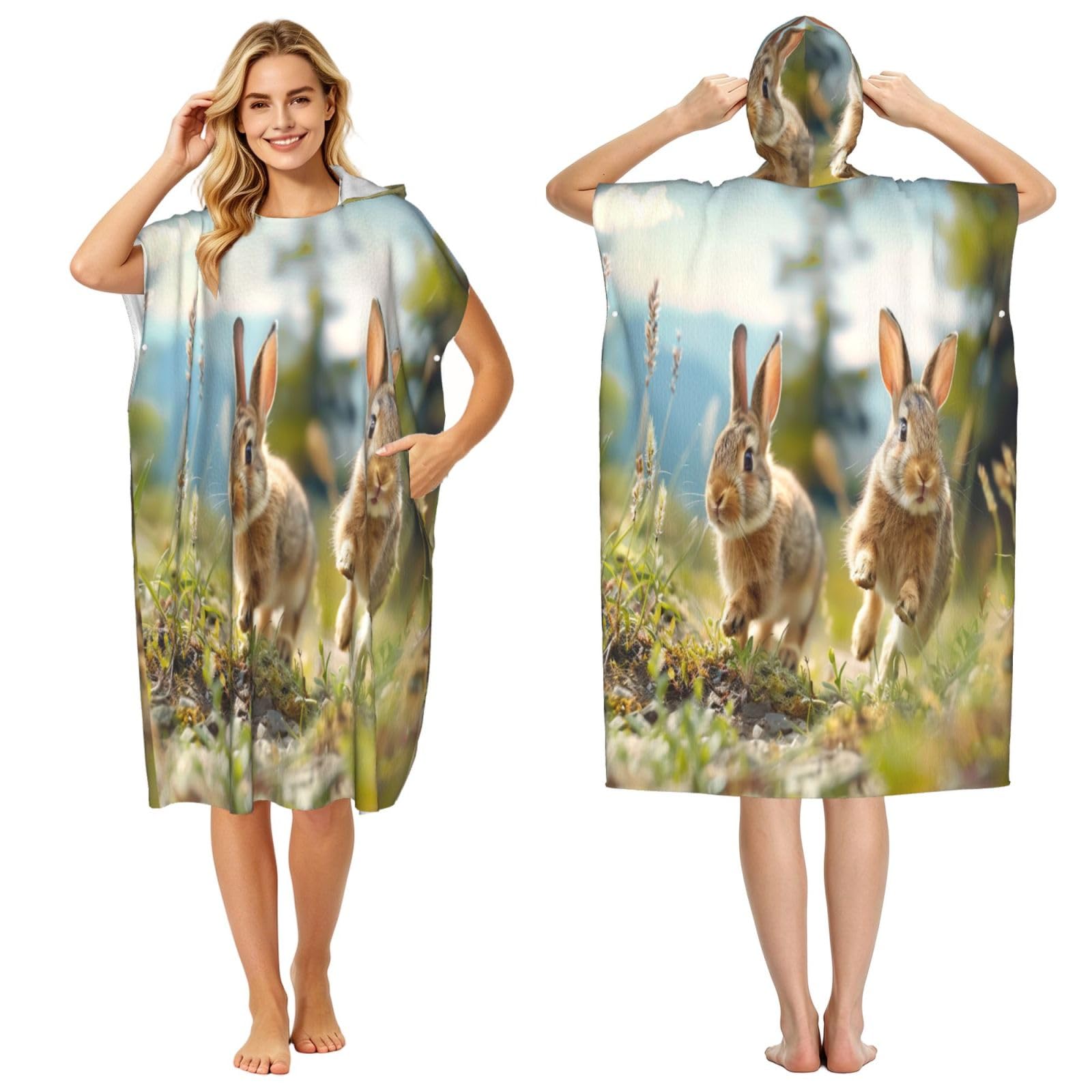 DTHKJNLSF Two Running Rabbits Adult Hooded Beach Poncho Towel