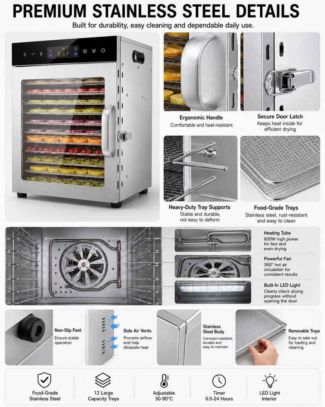Essiccatore Per Alimenti Con 12 Vassoi In Acciaio Inox E Luce LED