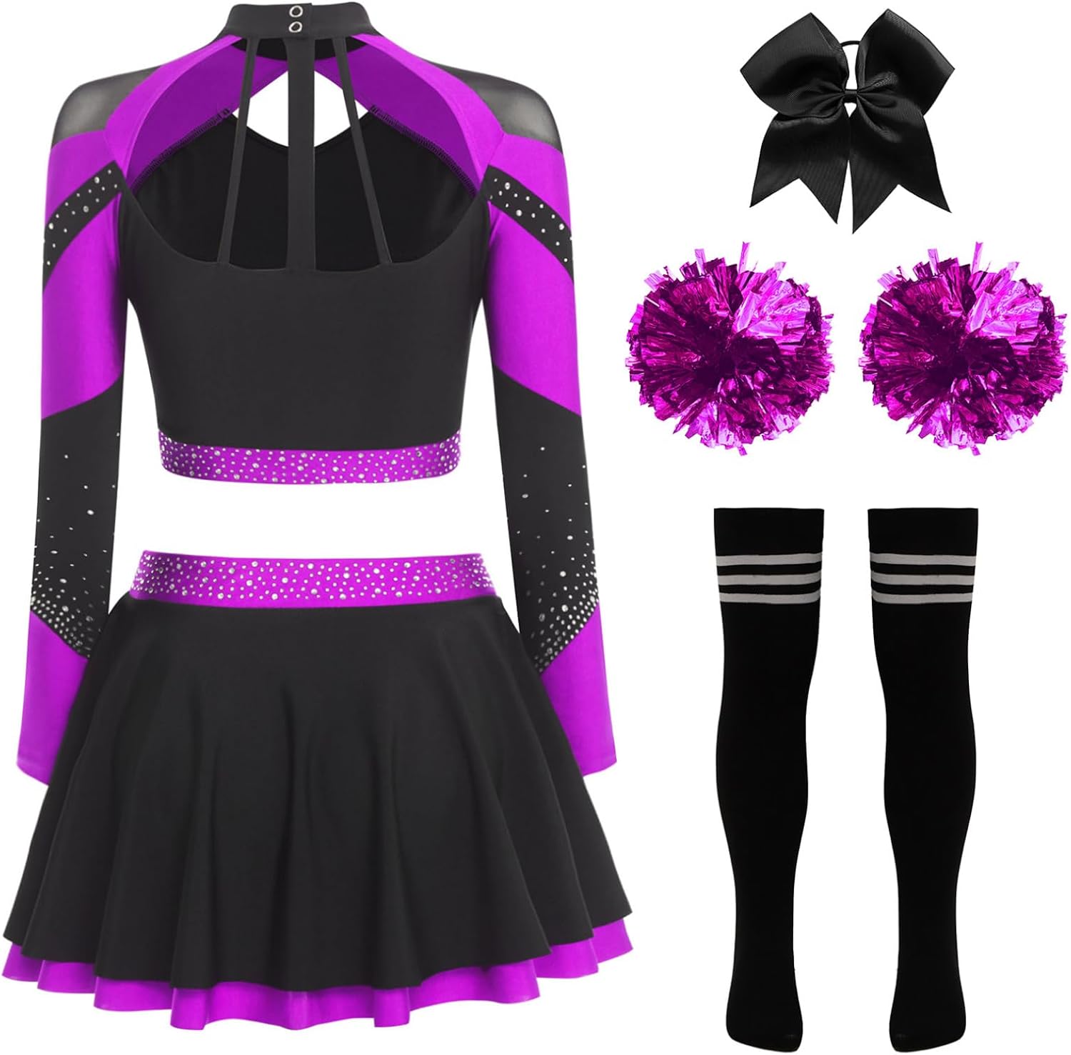 Womens Cheerleading Uniform Shiny Rhinestone Crop Top With Skirt Flower Balls Socks Bow Hairband