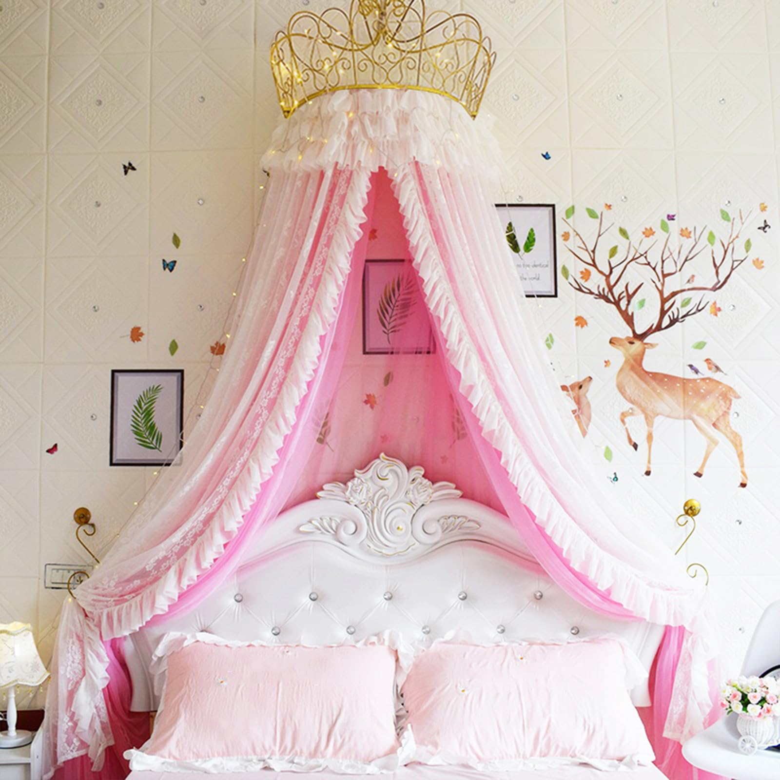 GJMSSMY Princess Bed Canopy with Crown Dome, Lace Bed Curtain Double Layer Court Mosquito Net with Decorative Drapery with Modern Golden Crown for Full King Queen Bed
