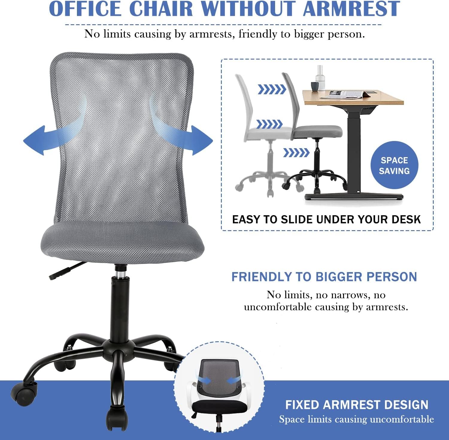 Ergonomic Chairs, Cute Adjustable Armless Office Desk Chair w/Mesh Back & Soft Thick Seat, Comfy Swivel Rolling Cheap Executive Small Computer Task Chair Sillas para Escritorio for Adult Women