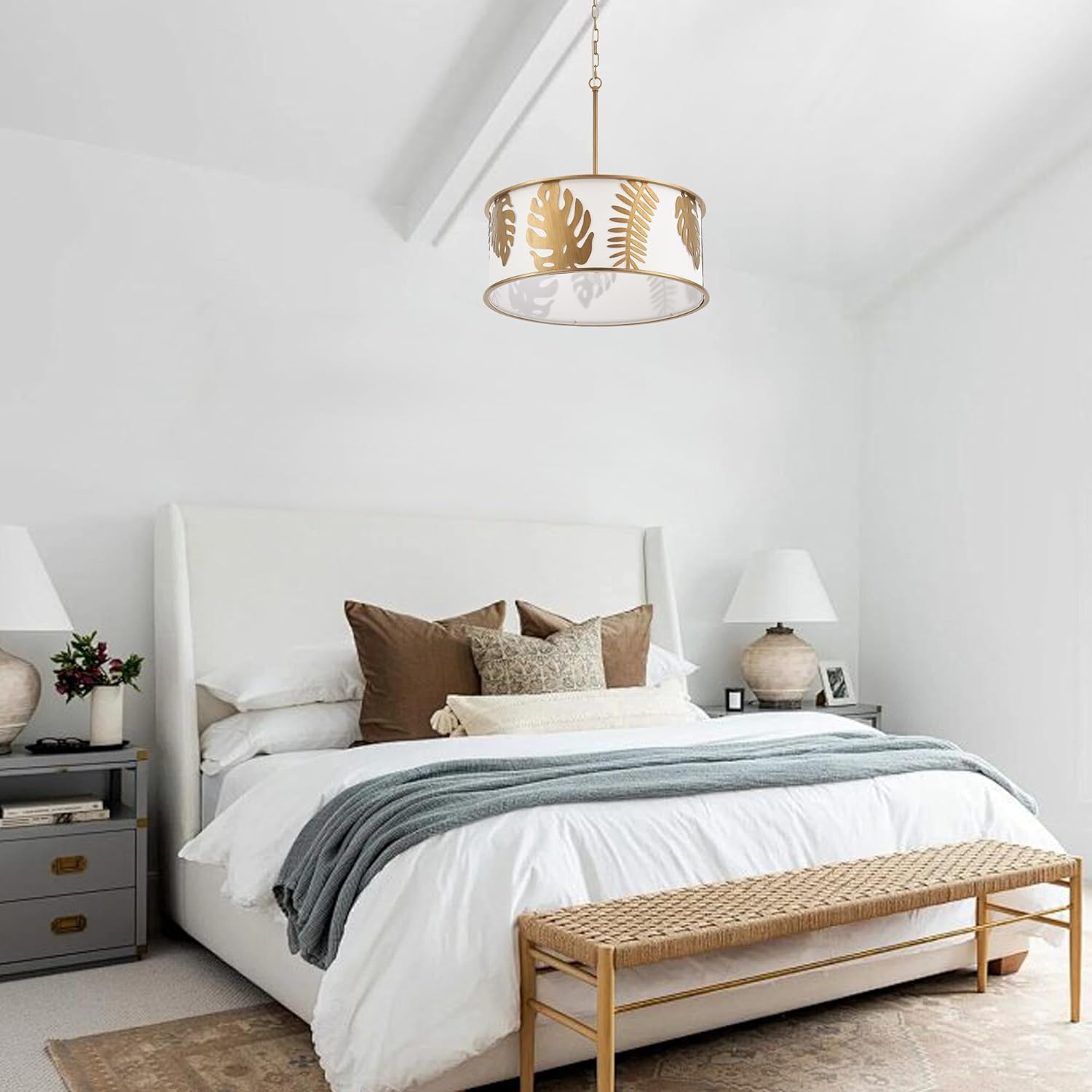 Modern Gold Chandeliers Large Fabric Drum Chandeliers 24" Round Ceiling Pendant Light Fixture with Chain Adjustable for Dining Room Bedroom Foyer Kitchen