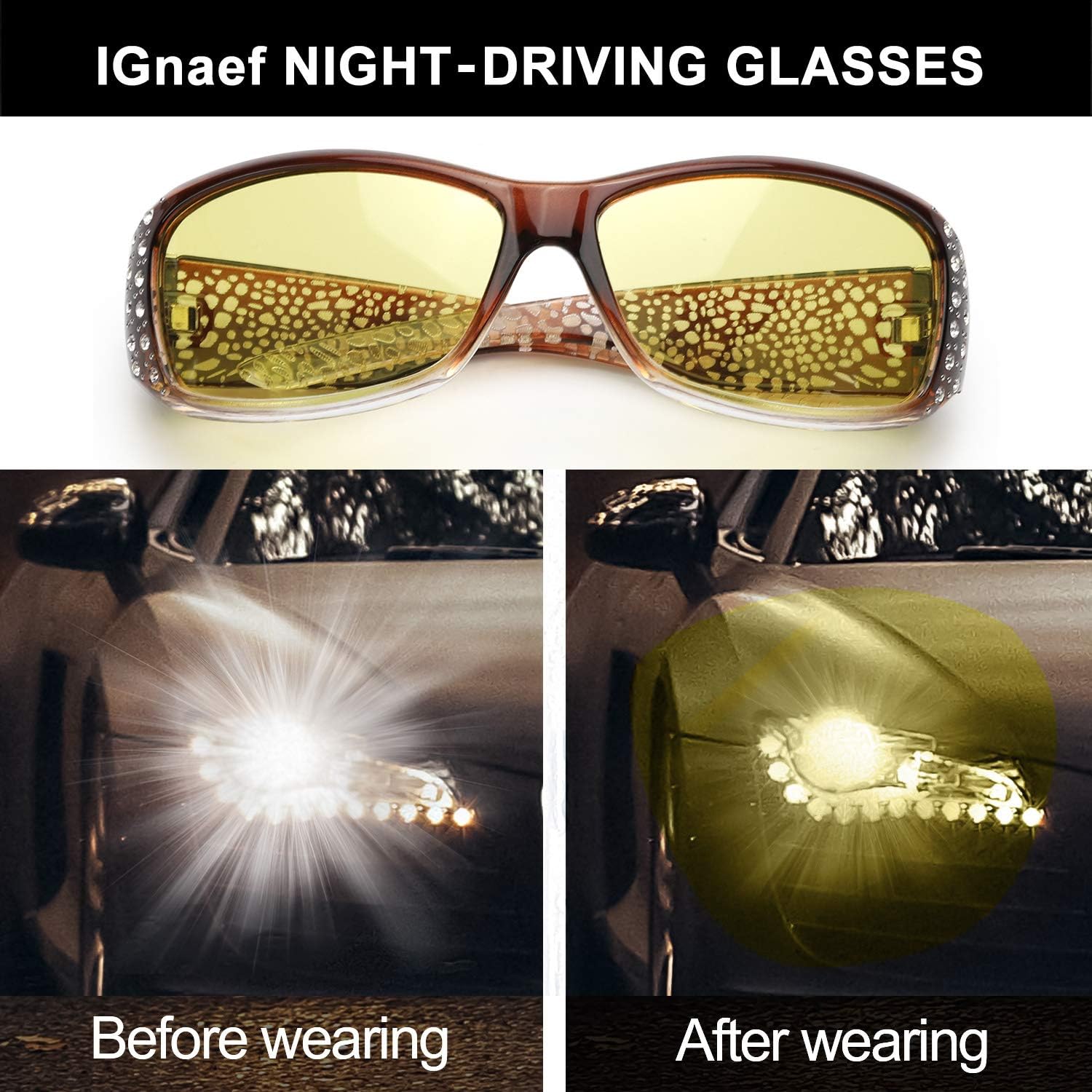 IGnaef Women Photochromatic Night Vision Glasses for Driving, Anti Glare Polarized Safety Nighttime/Rainy Glasses