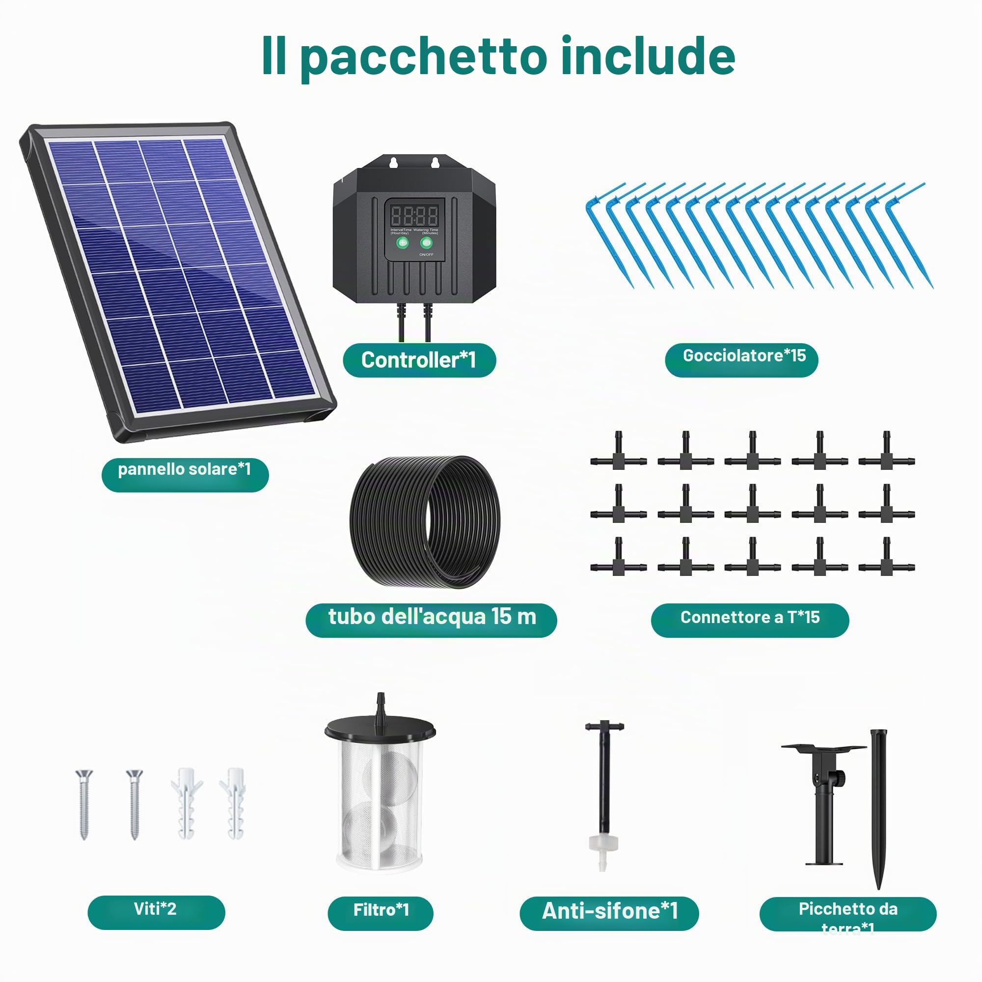 Biling Sistema solare per balcone, 7,5 W 15 m, irrigazione automatica per piante in vacanza con timer, goccia solare per giardino, serra, fiori, risparmio