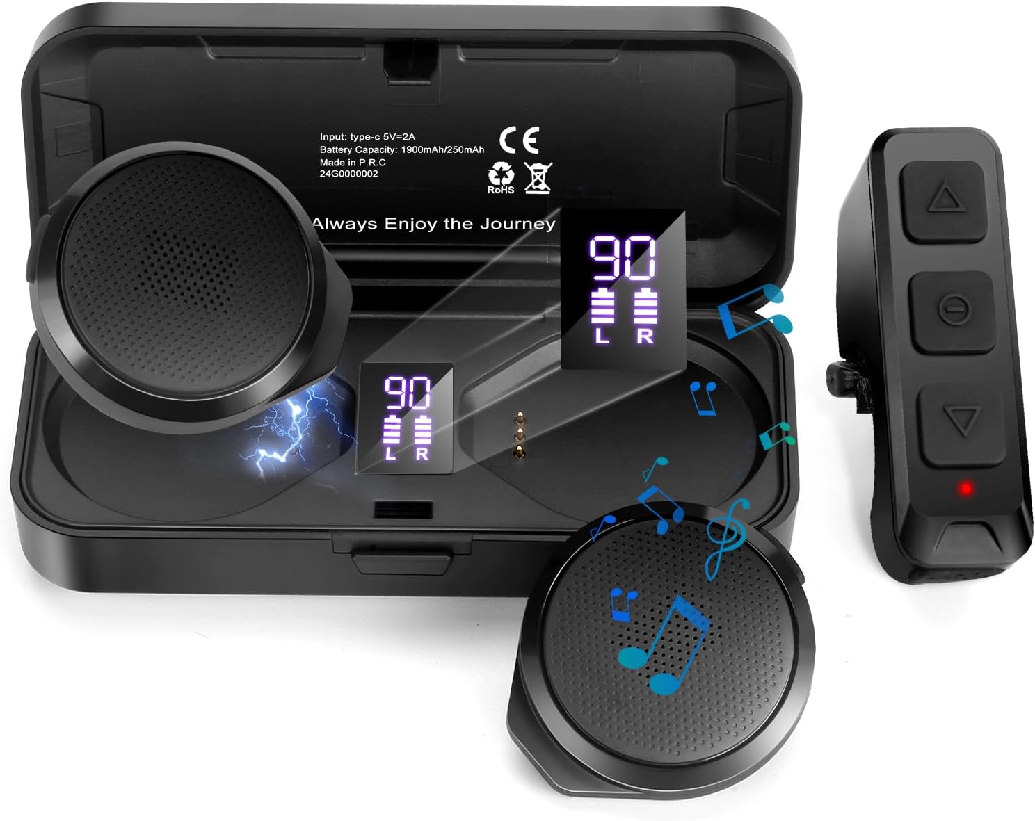 Motorcycle Helmet Headset with Remote Control - No Installation True Wireless Helmet Speakers with Charging Box, 50+ Hours Work Time Headsets LED Display for Outdoor Sports Skiing/Motorcycle - Black