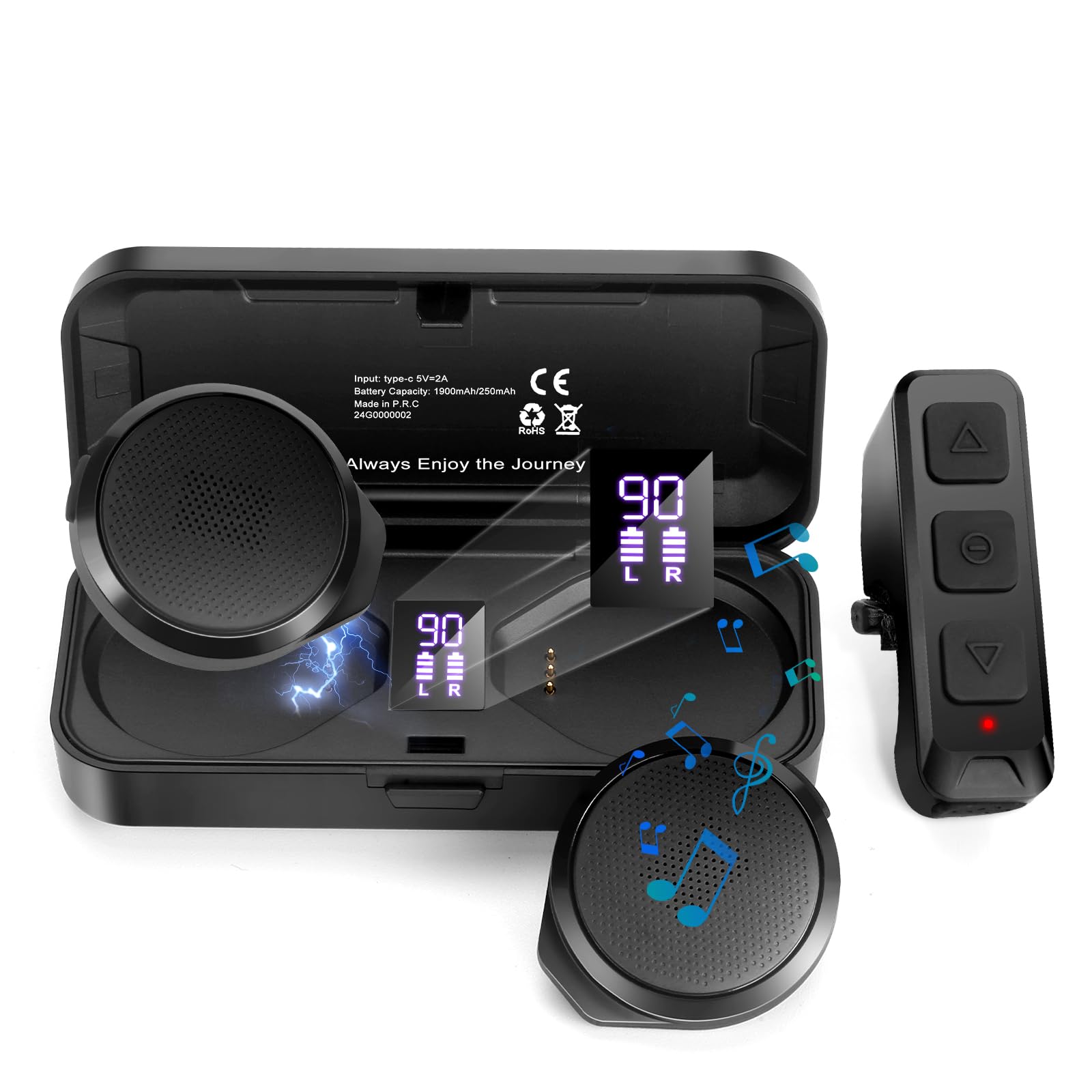 Motorcycle Helmet Headset with Remote Control - No Installation True Wireless Helmet Speakers with Charging Box, 50+ Hours Work Time Headsets LED