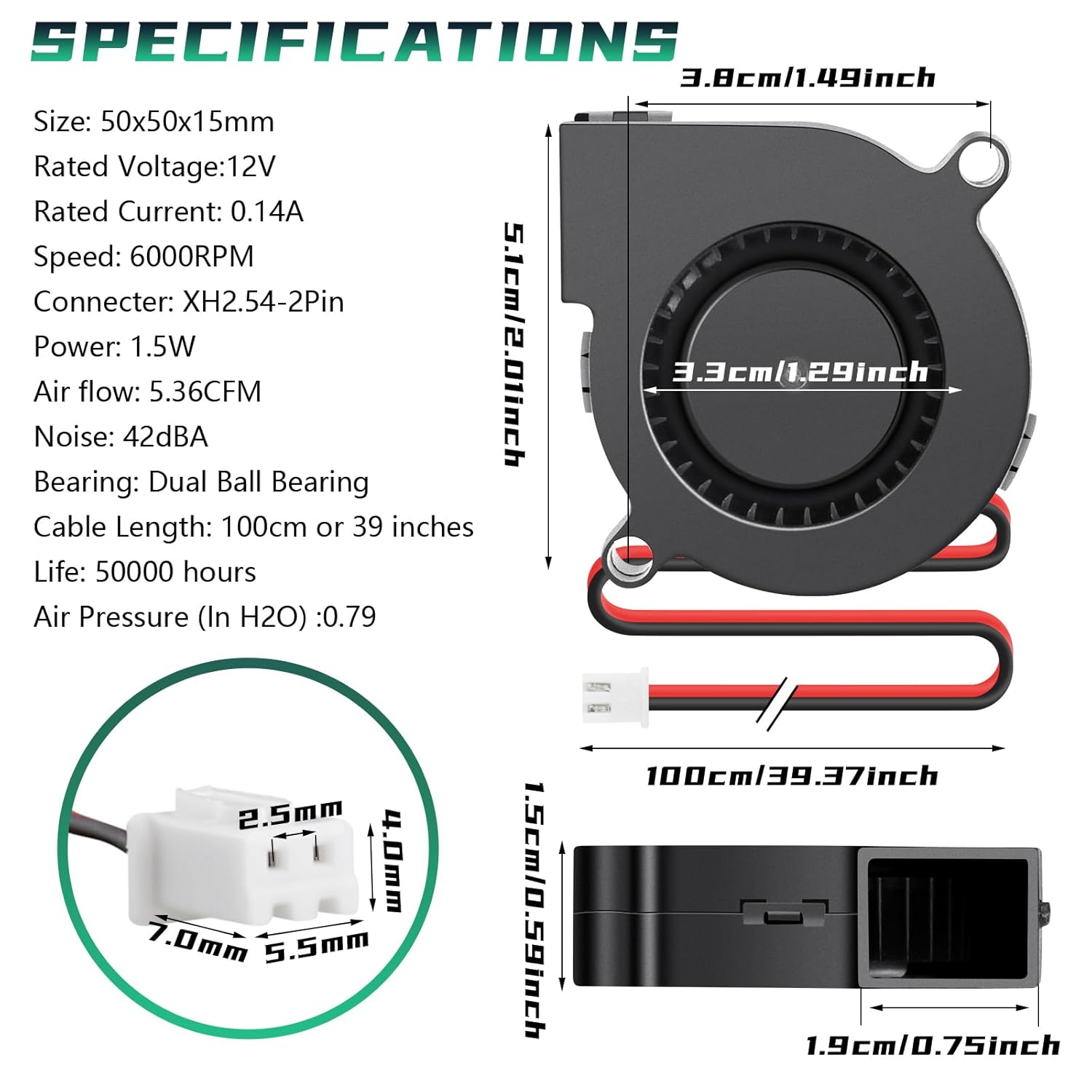 Blower Fan 12V Brushless Dual Ball Bearing Turbo Cooling 50x15mm 2Pin 3D Printer Combo Kit