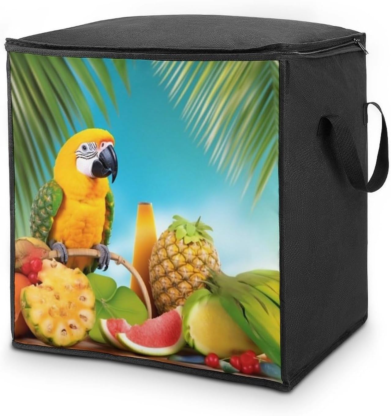Portable Quilt Storage Bag,Summer Parrot Pineapple Birds Printed Foldable Wardrobe Storage Box Foldable Storage Bag with Lids And Handle Large Clothing Storage Bag for Comforters Clothes Blankets Pill