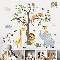 Decalmile Jungle Animals Tree Wall Decals - Safari Elephant Giraffe Lion Stickers for Baby Nursery Kids Bedroom Decor
