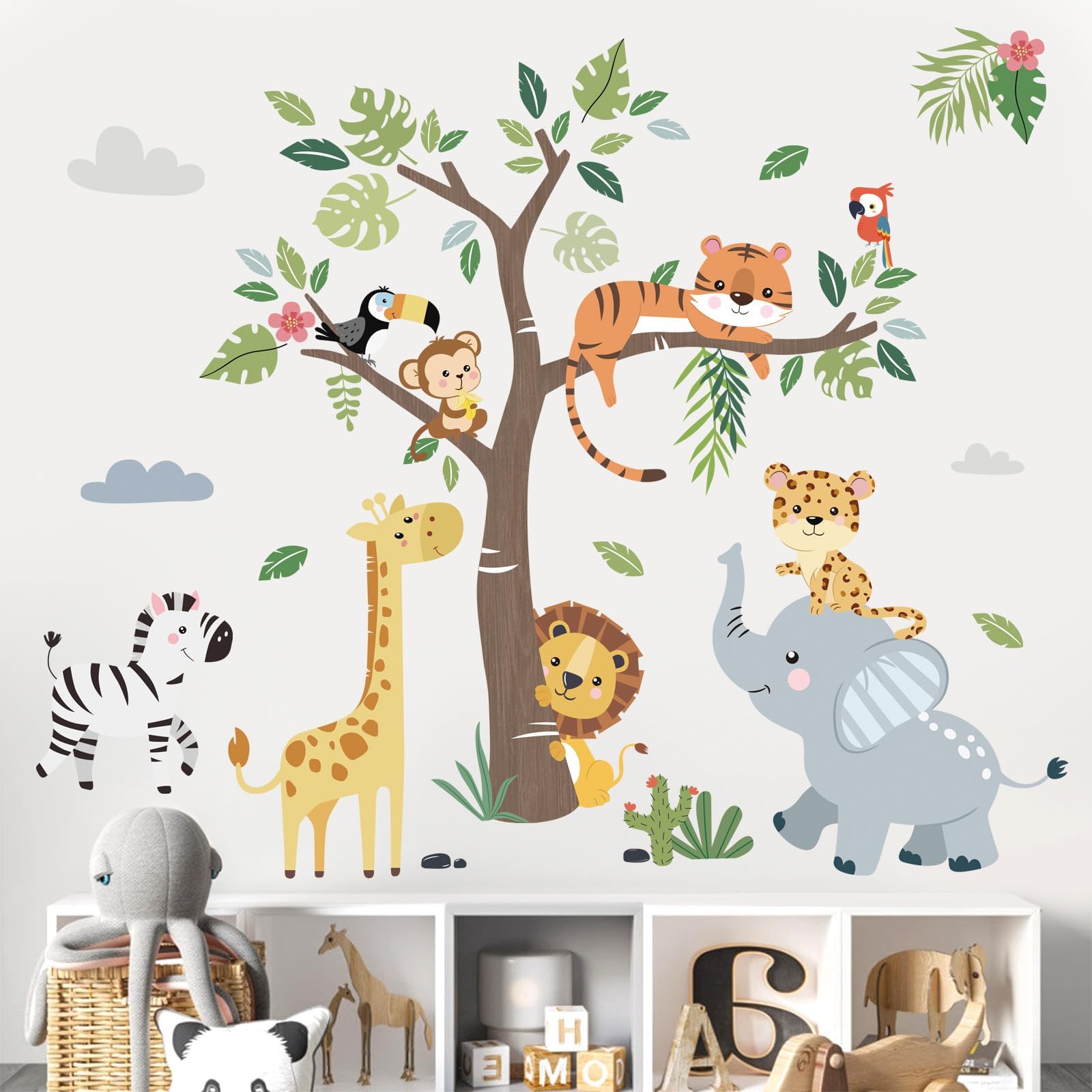 Jungle Animals Tree Wall Decals Elephant Giraffe Lion Safari Wall Stickers Baby Nursery Kids Bedroom Living Room Wall Decor