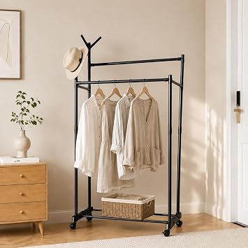 Double Garment Rack Adjustable Clothes Rail (Black-150)