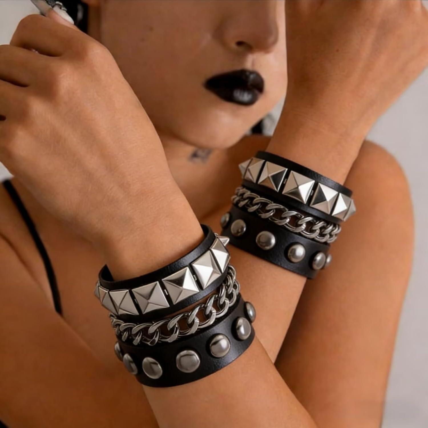 8 Pcs Punk Rock Studded Bracelet Set Leather Cuff Bracelets for Men Women 80s Emo Goth Metal Wristband Accessories