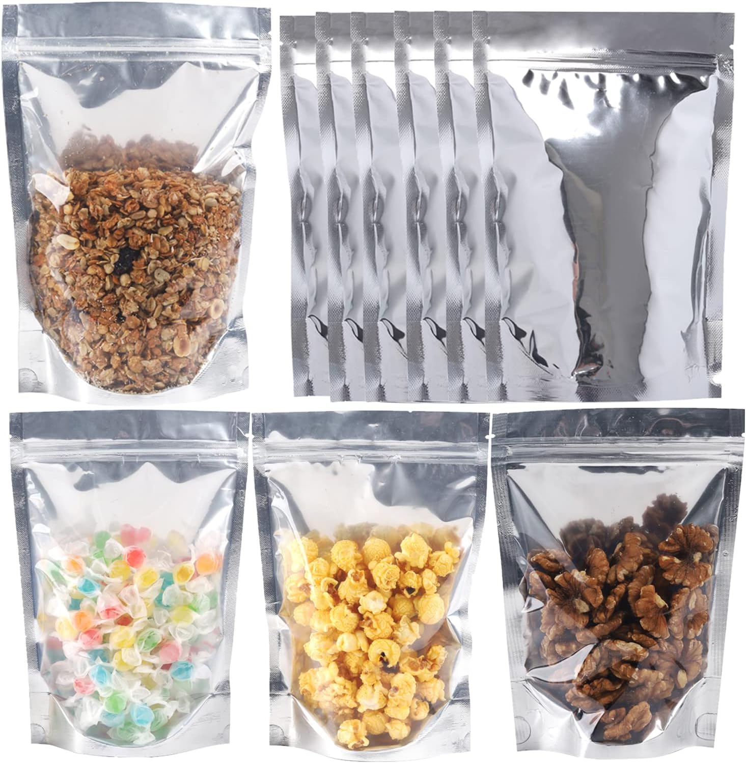 200 Pack 5x8 Mylar Bags with Window Stand Up Bgas 7.5mil Thick for Food Storage and Resealable for Small Business Packaging Bag