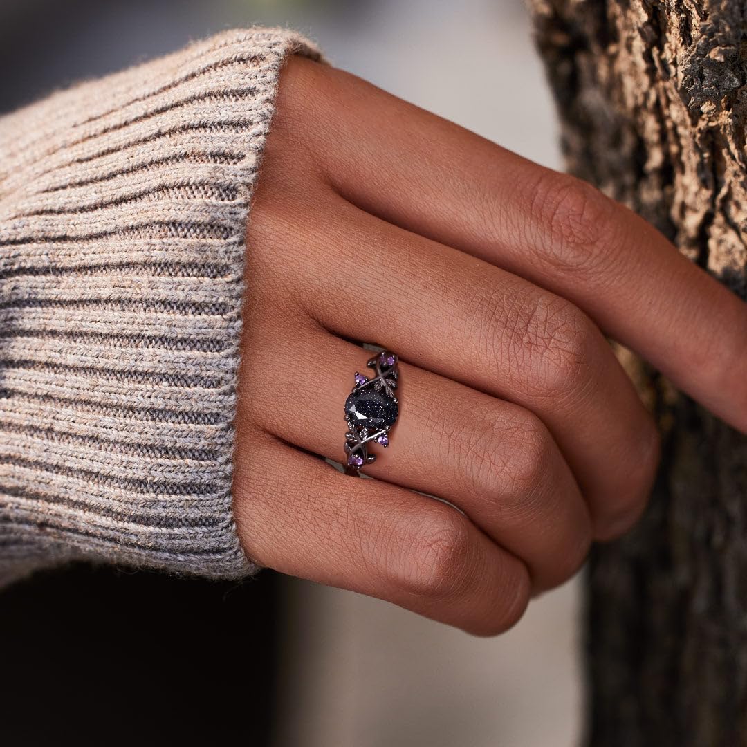 Blue Sandstone Gothic Leaf Ring for Women – 18K Black Gold Plated Vine Promise Statement Ring, Engagement Wedding Band Jewelry Gifts