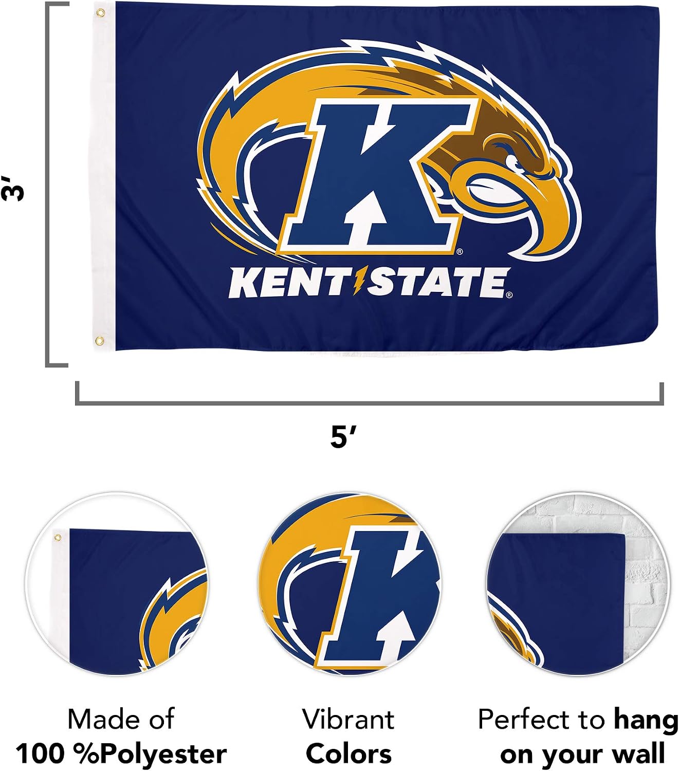 Desert Cactus Kent State University KSU Flag - 3 x 5 Feet Golden Flash Banner, Indoor/Outdoor Durable Fabric, 100% Polyester Design (Style 1)