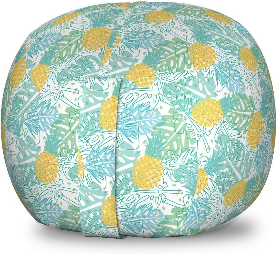 Ambesonne Luau Storage Toy Bag Chair, Summer Season Layout of Repeating Leaves and Pineapples Silhouettes, Stuffed Animal Organizer Washable Bag, Small Size, Yellow Seafoam