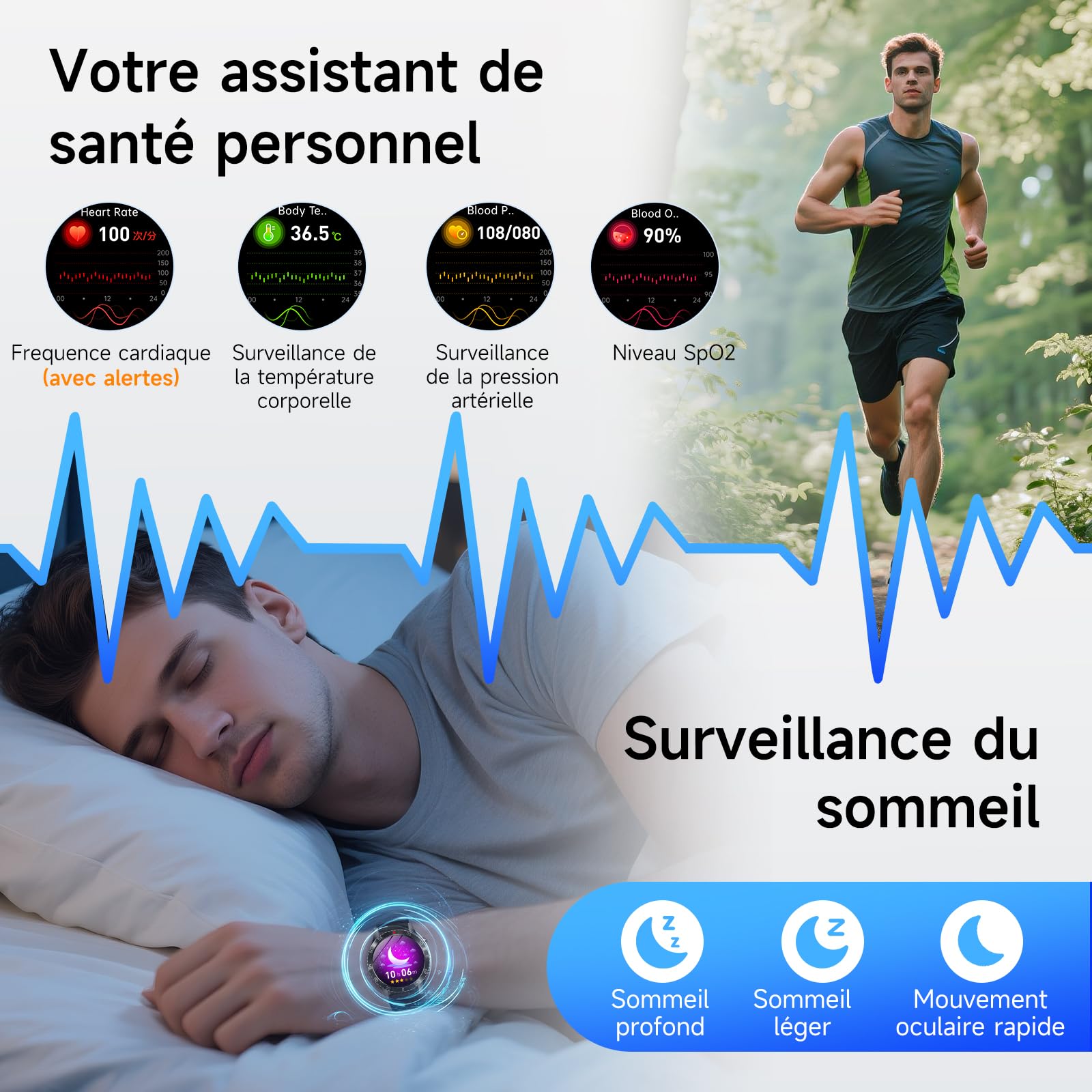 YUPENG 2026 Nouvelle Montre Connectée Homme ECG+HRV/Pressιon artérιelle | ECG/HRV/Pressιon artérιelle/IMC/Acide urique, 1.43" AMOLED/Appels Bluetooth/SOS, 24H Sommeil/Cardiofréquence, Android/iOS