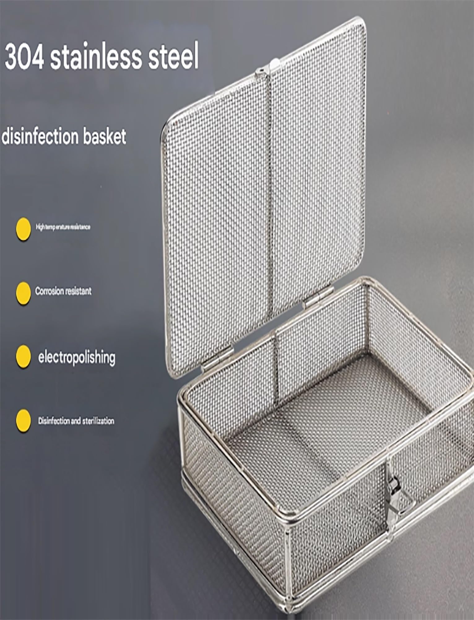 Malla de esterilización de acero inoxidable 304 de 0,5 mm, bandeja de instrumentos reutilizable, cestas de esterilización con asa retráctil y tapa.(30x20x7cm)