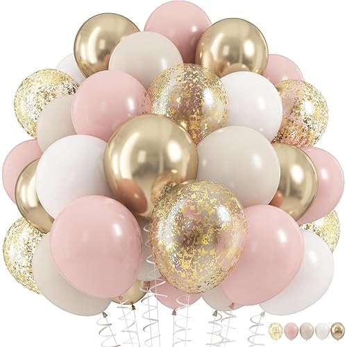 Dusty Pink and Gold Balloons Set, 60Pcs 12 Inch Retro Blush Pink White Sand Beige Metallic Gold Latex Balloon with Gold Confetti Boho Balloon for Birthday Baby Bridal Shower Wedding Party Decorations