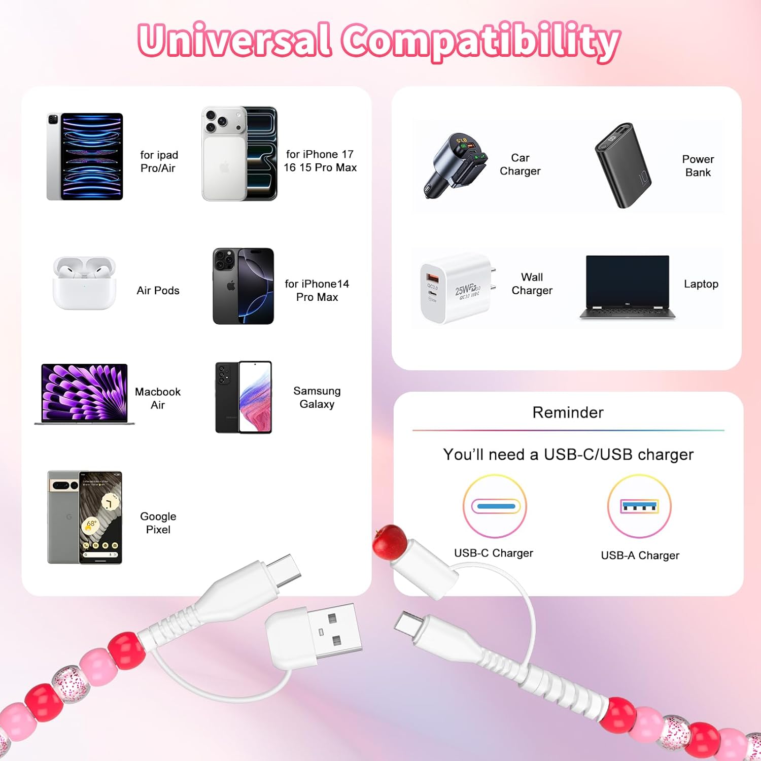 Aolcev 4 in 1 USB C Cable Multi Beaded for iPhone Charger Cord for iPhone 17 16 15 Pro Max MFi Certified 3.3FT Fast Charging Cable 66W USB A Type C iOS Cable for iPhone 14 13 Pro Max Galaxy S25 Pink - Image 6