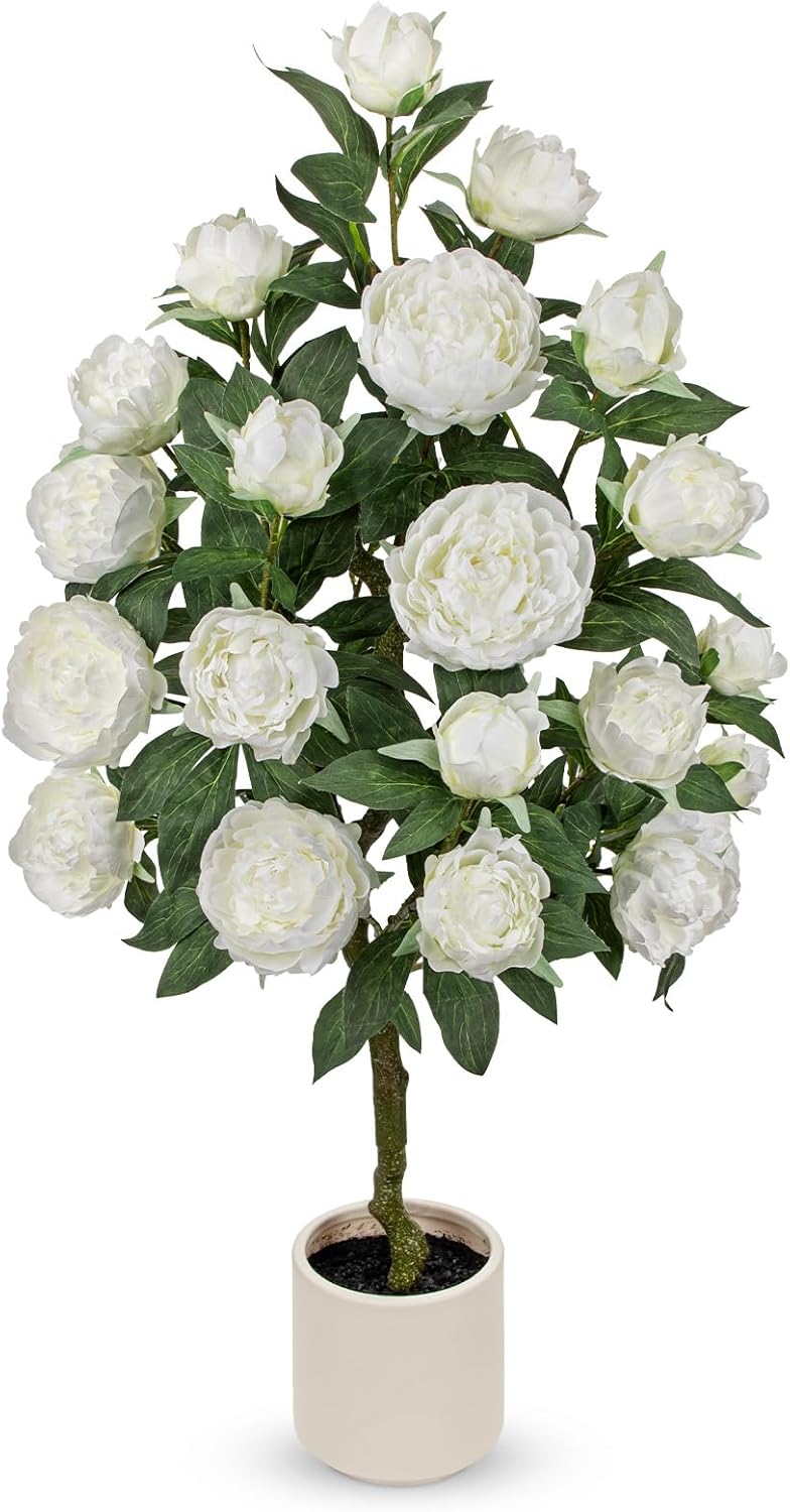 Hollyone Pink Fake Peonies Tree 3FT Peonies Artificial Flowers Tree in Pot Faux Peony Plants & Flowers in Planter Greenery Potted Plant Indoor Outdoor Front Door Porch Home Decor