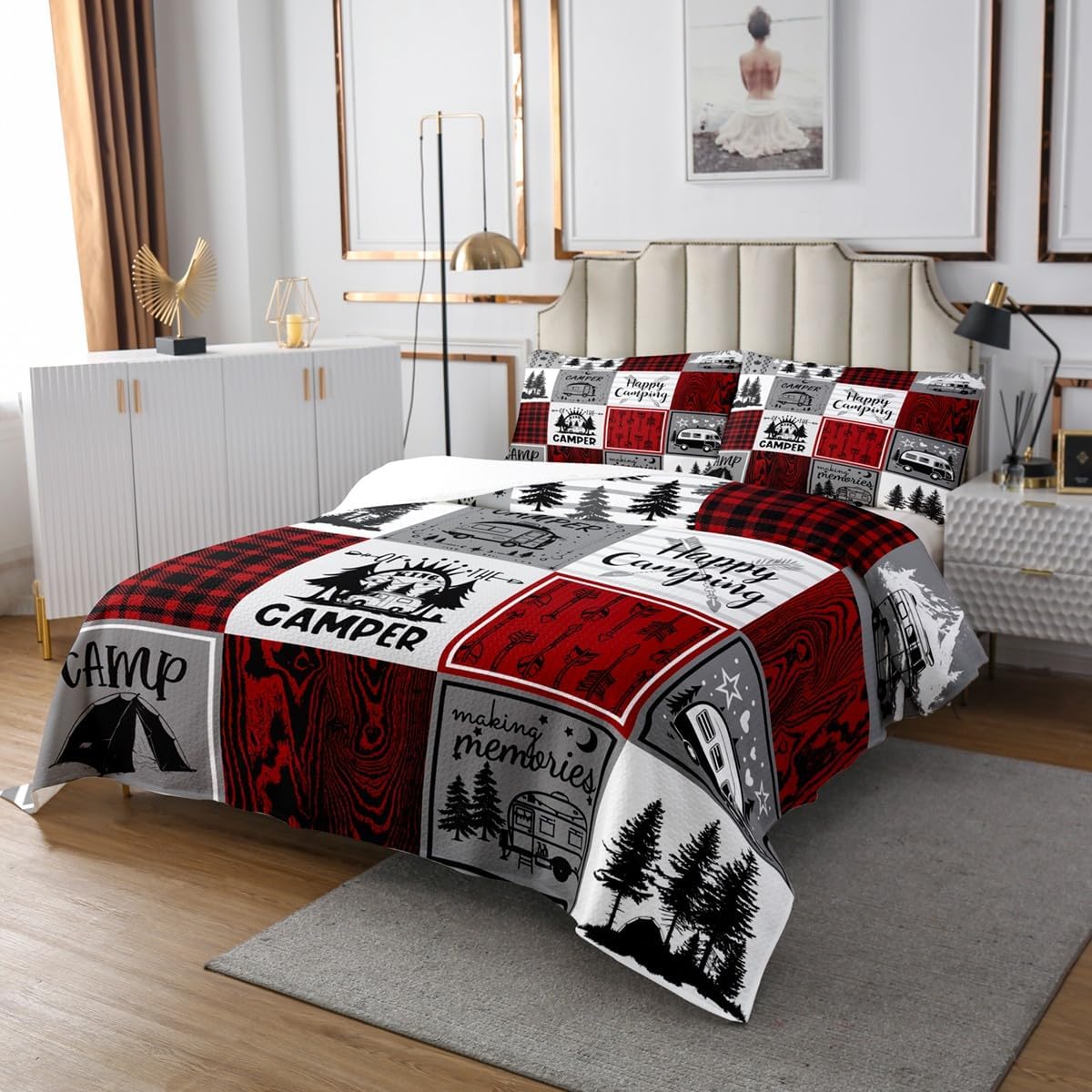 Erosebridal Camper Queen Quilt Sets Rv Camping Bedspread Set Rustic Buffalo Plaid Coverlet Set Camper Accessories for Travel Trailers Bunk Country Camping Bedding Set Red Black Grey
