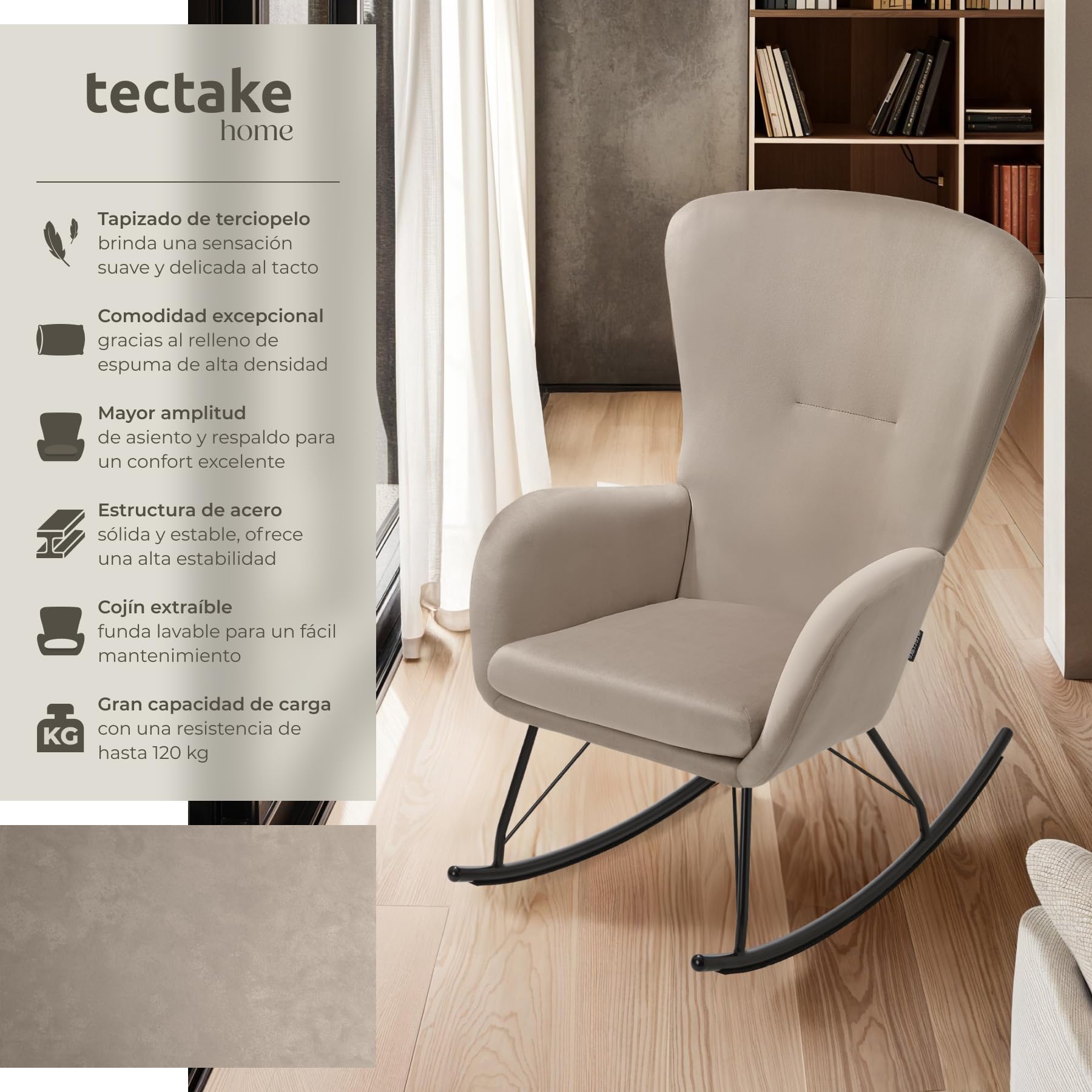 tectake® Mecedora con Respaldo Grande y cojín extraíble, Acolchado Grueso, Estructura de Acero Resistente, sillón, Silla Relax, butaca Dormitorio, Mecedora Lactancia - Negro/Gris Pardo