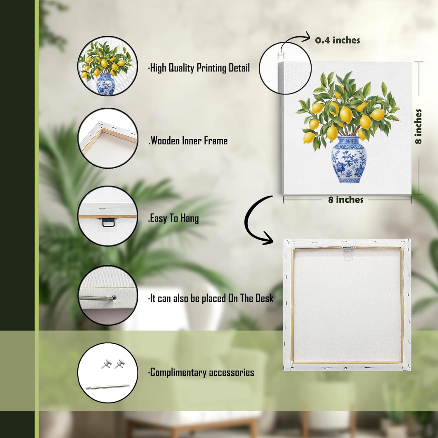 LUKIPOM Chinoiserie Lemon Wall Art Posters, Grandmillennial Home Decor, Blue and White Floral Porcelain Lemon Tree Canvas Prints Artwork for Kitchen Wall Decor, 8x8Set of 4