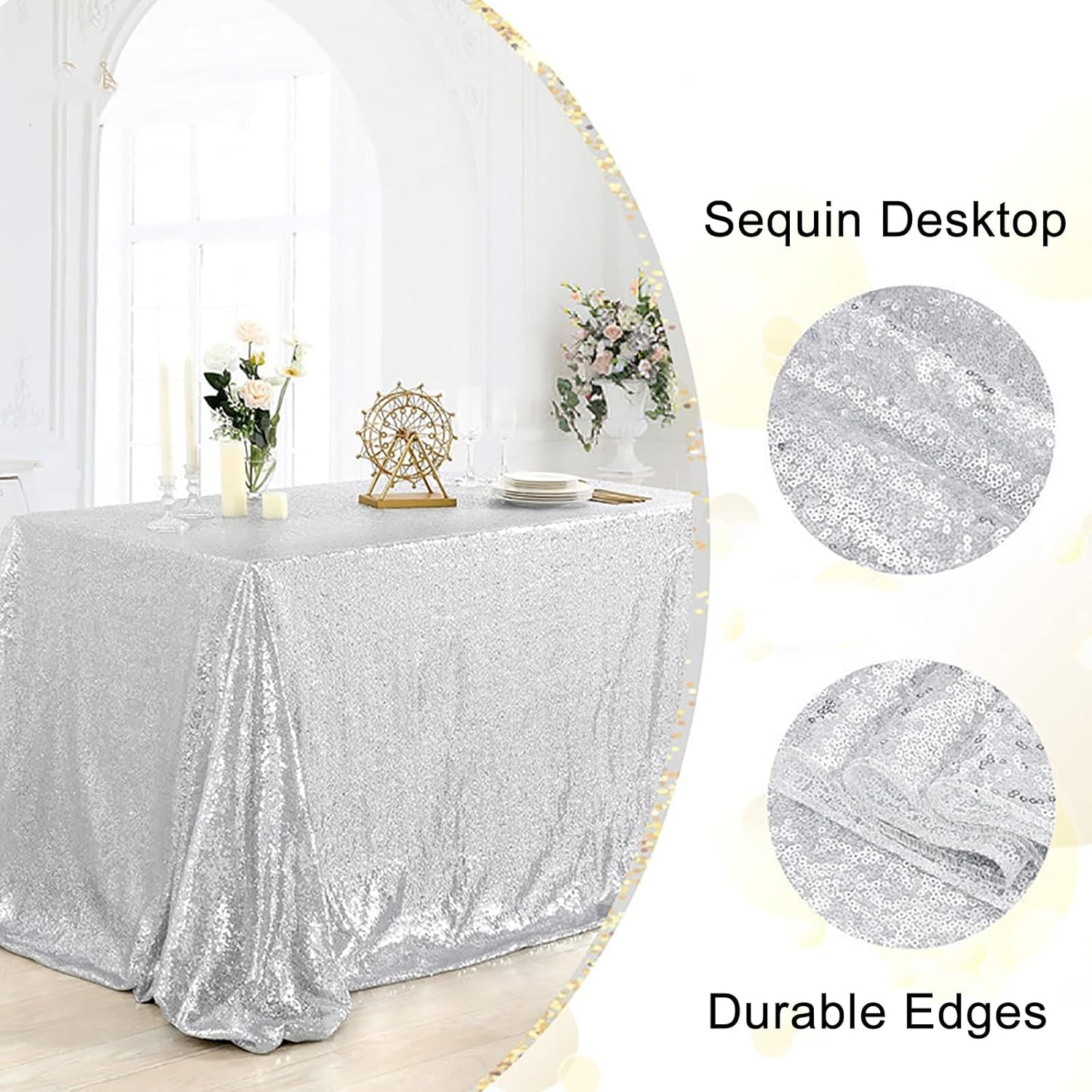 Gold Sequin Table Skirt, With Fine Edging, Rectangle Sequence Desk Skirts, for Birthdays, Parties, Weddings(Silver,127x127cm/50x50in)