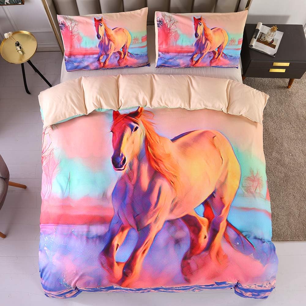 ENJOHOS Duvet Cover Sets Bedspread Horse Bedding Comforter Set Queen for Girls Kids Teens Queen Size Pink(No Comforter No Fitted Sheet)