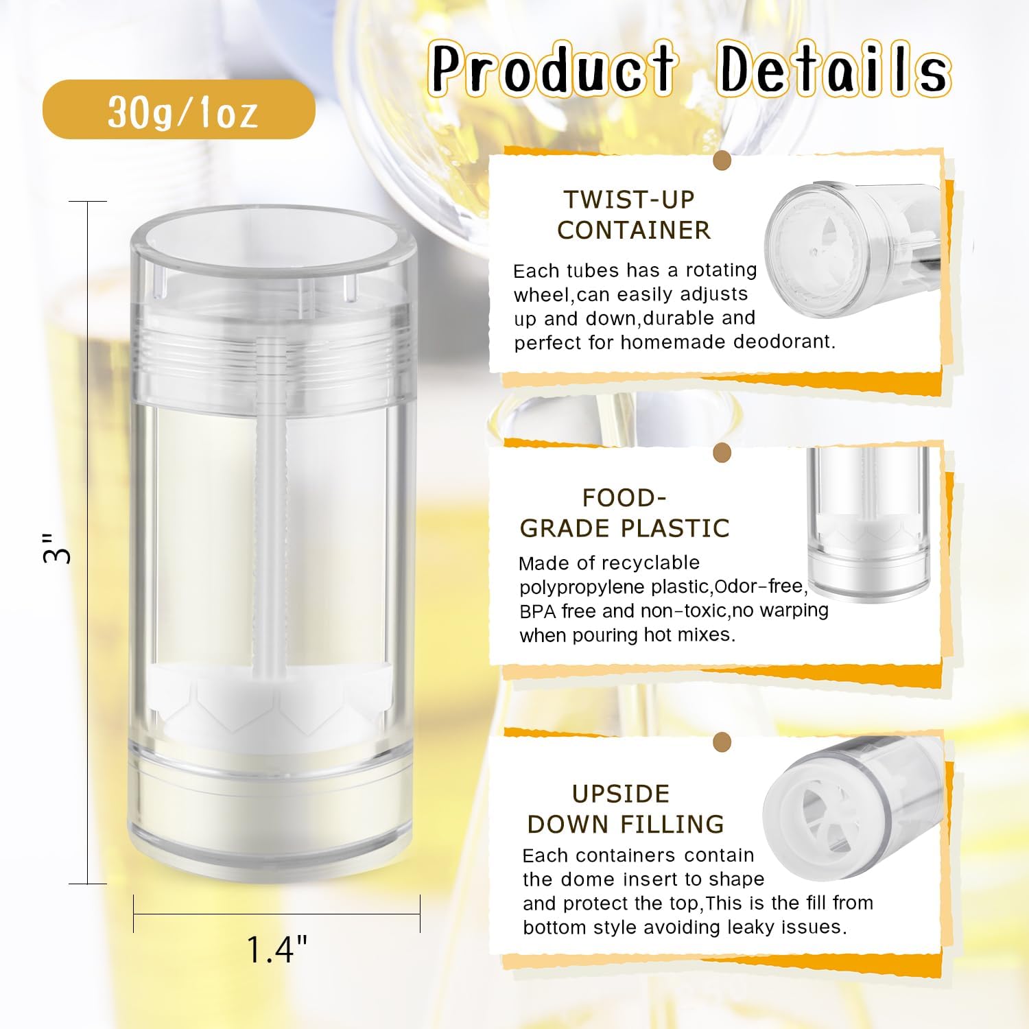 15 Pack 1 oz/30ml Plastic Travel Size Deodorant Container,Empty Round Twist-Up Stick Tube for Homemade Deodorant,Solid Lotion Bars,Body Balm,Soap Sticks,Sunscreen-UPSIDE DOWN FILLING (Clear) image 2