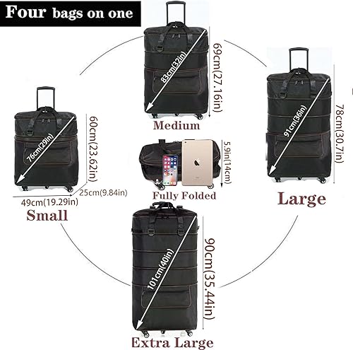 Miniatura 3 de ELDA Maleta plegable expandible para hombres y mujeres, maletas de viaje con ruedas giratorias, equipaje de gran capacidad con carrito, Negro -