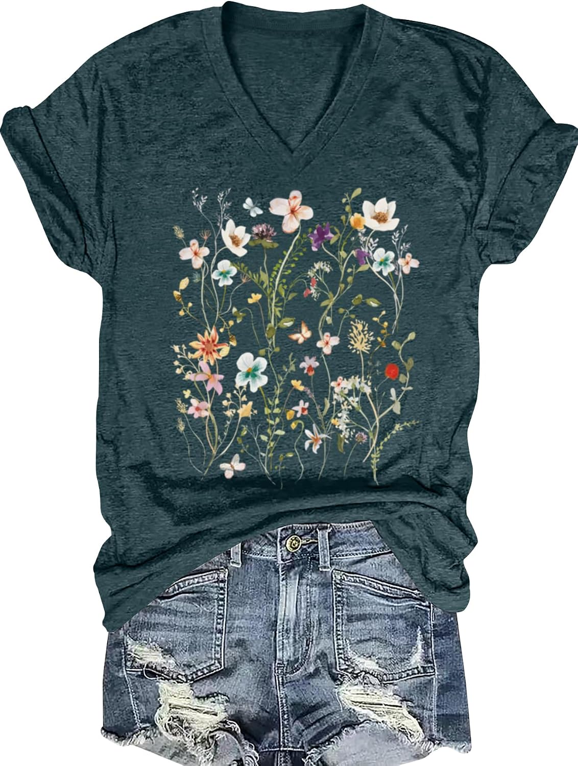 Women's Graphic T-Shirts V Neck Cute Summer Flowers Shirts Casual Short Sleeve Boho Flowers T Shirt Vintage Tee