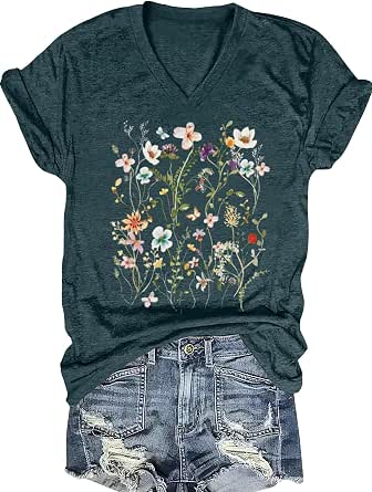 Women's Graphic V-Neck T-Shirt Short Sleeve Boho Sun and Wildflower Vintage Tee