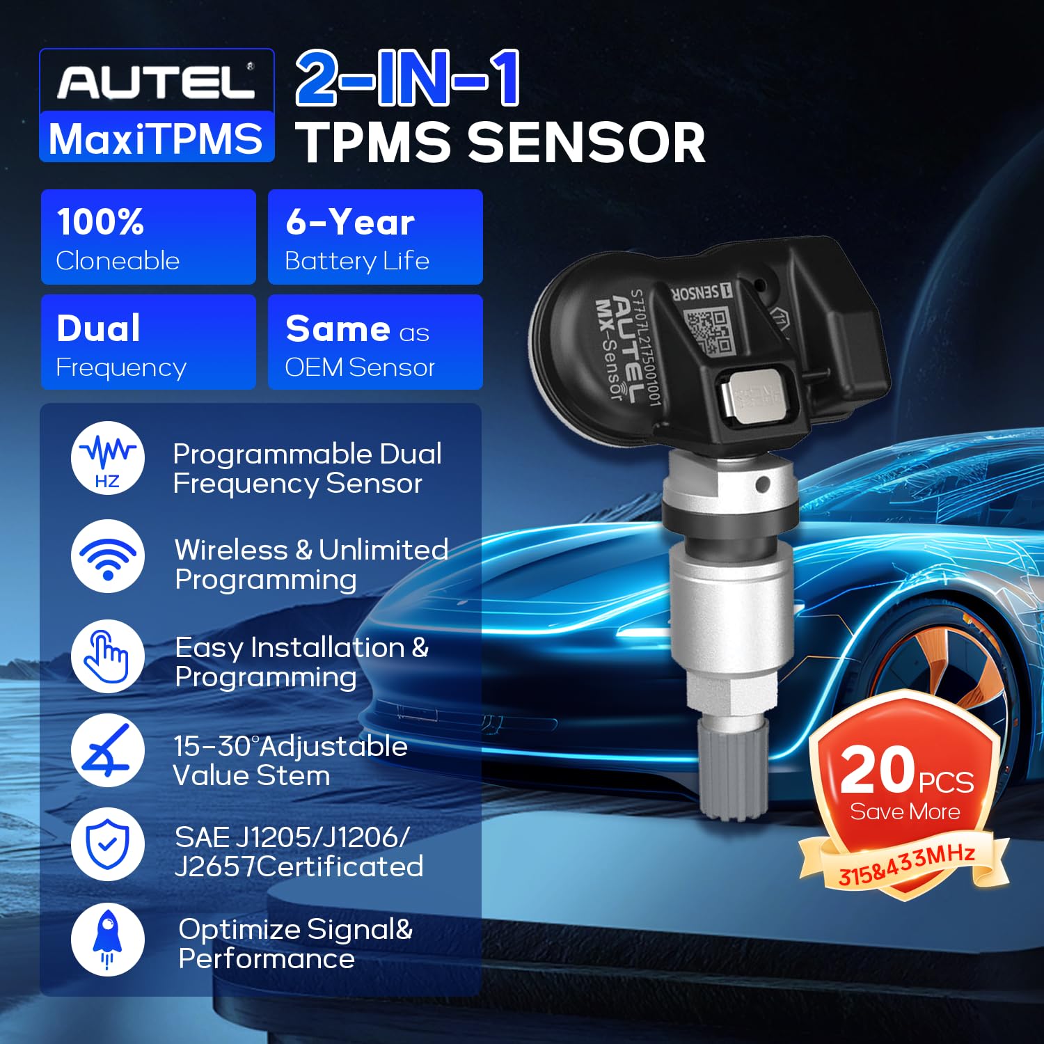 Autel TPMS Sensors 20pcs MX-Sensor 2in1 315MHz/433MHz Press-in OE-Level Universal Tire Pressure Sensor Programmable Metal Valves Compatible with TS408 TS508 TS601 TS608 MS906TS