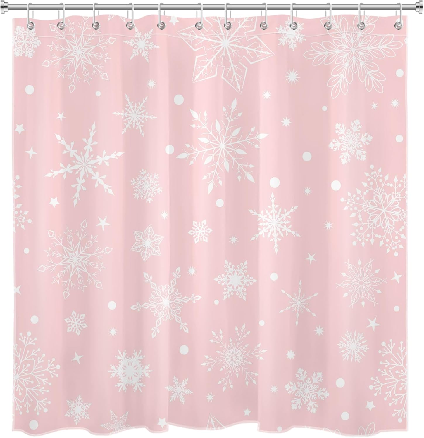 LB Pink Christmas Shower Curtain Sets with Rugs Winter Snowflake on Pink and White Fabric Shower Curtain with Hooks New Year Holiday Bathroom Curtains Shower Set, 70x70 inches
