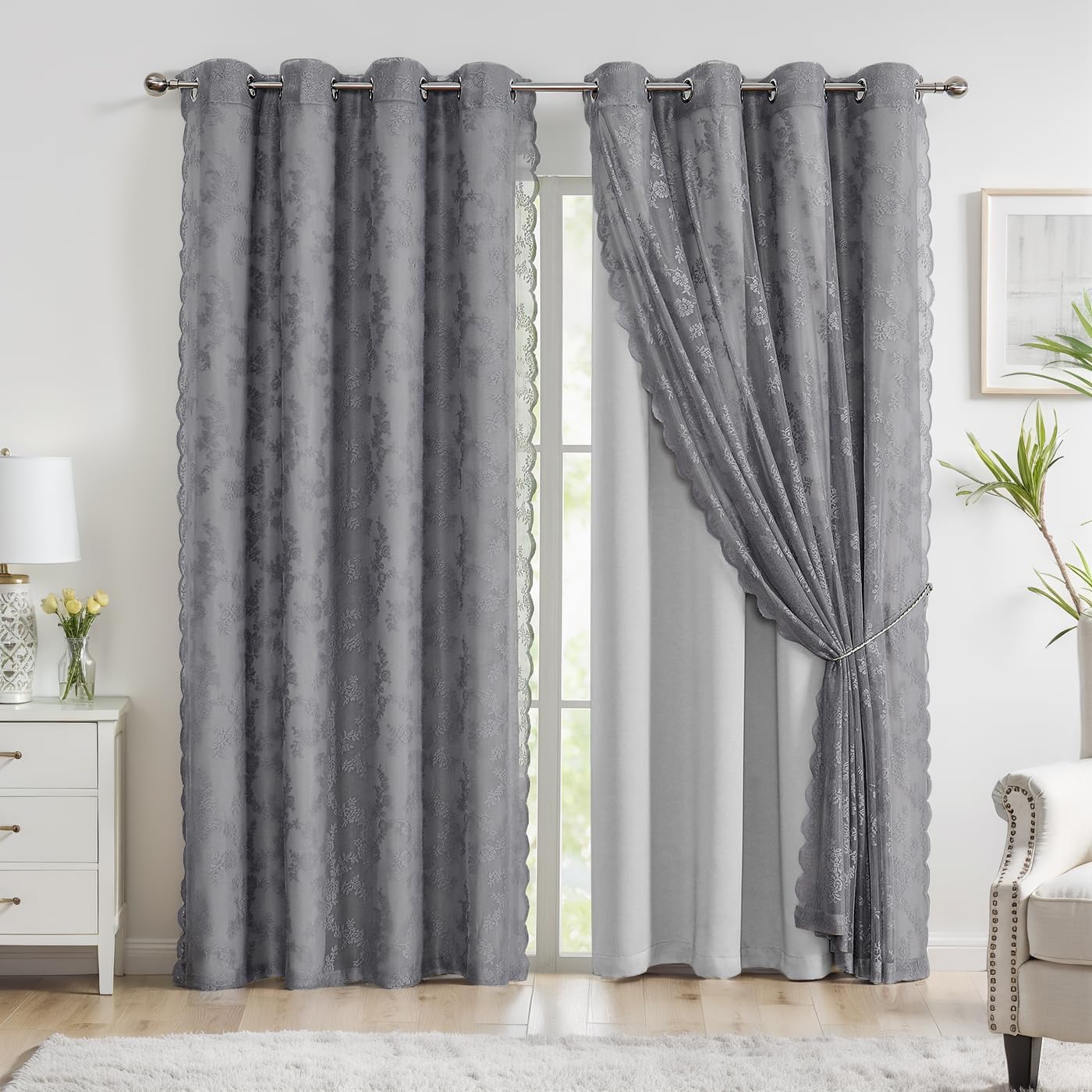 Mix and Match Curtains - Full Blackout Grey Curtain with Vintage Floral Grey Lace Curtains for Bedroom 84 Inch Length Living Room Solid Thermal Insulated 4 Piece Curtain Set, Grommet Top, 52" W