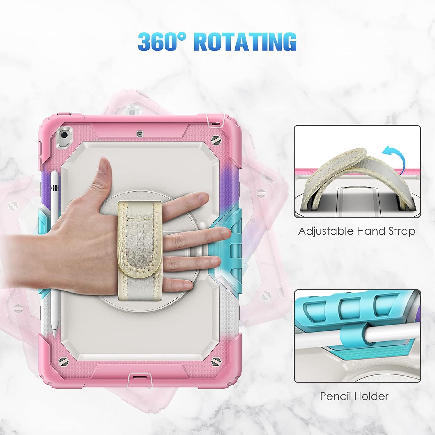 CaseBot Case for iPad 8th Generation 2020 / 7th Gen 2019 10.2 with Screen Protector, [360° Rotating Kickstand] Rugged Heavy Duty Hybrid Shockproof Cover with Hand Shoulder Strap, Pencil Holder (Pink)