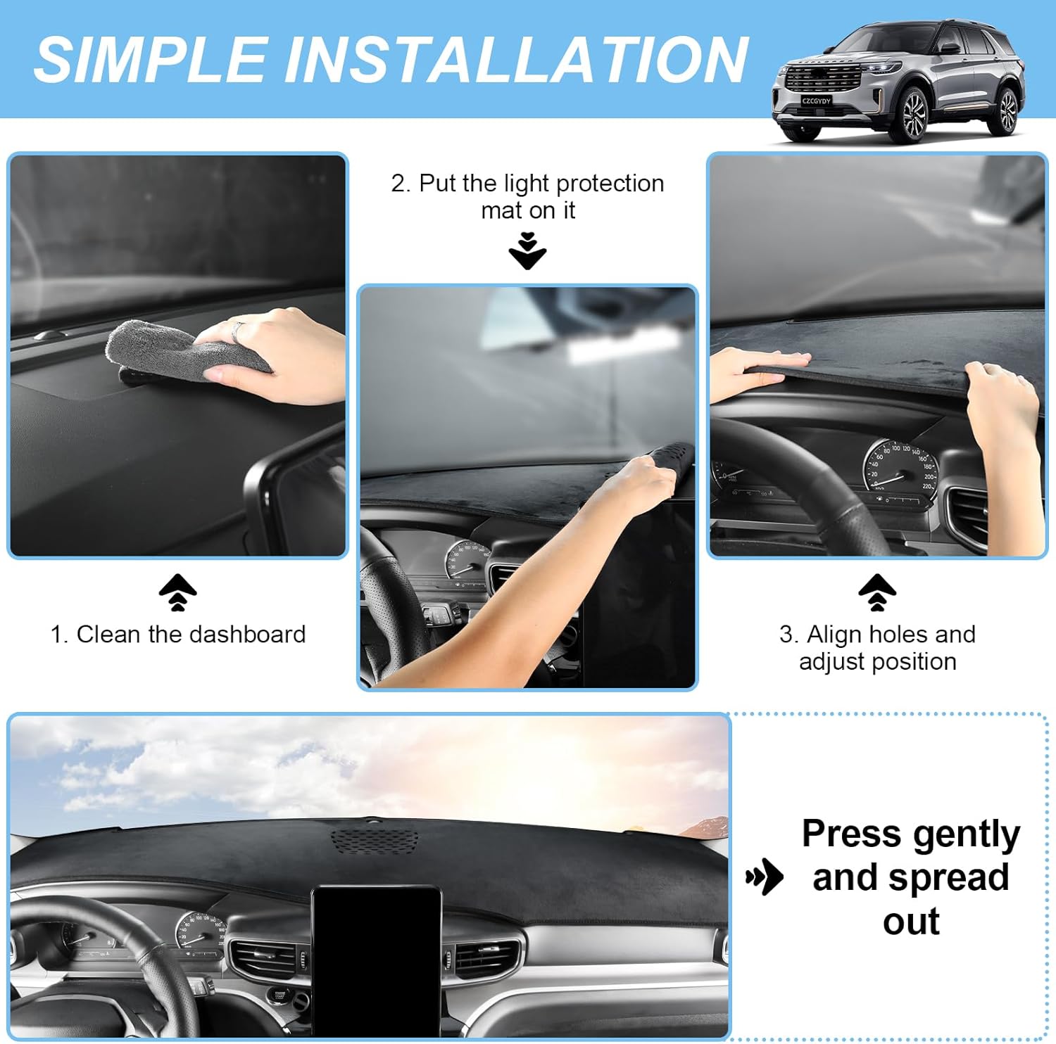 CZCGYDY Dashboard Cover Dash Mat Custom Fit for Ford Explorer 2020 2021 2022 2023,Non-Slip Flannel Interior Dash Cover for Explorer,Anti-Glare,Easy to Clean(Without HUD)